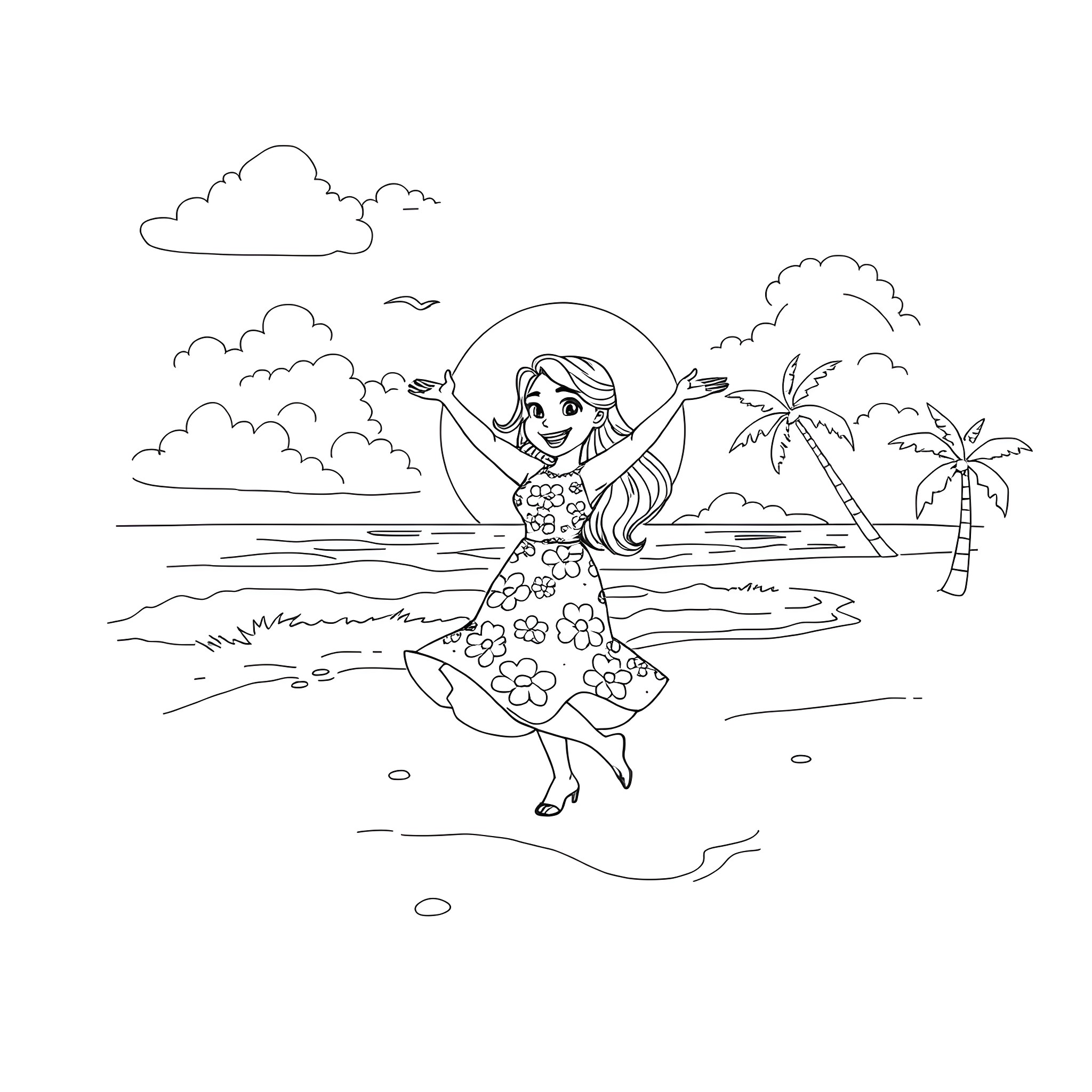 Lilo dancing happily on the beach Coloring Page (free black-and-white line drawing printable PDF for all, from beginners to advanced learners, including children, teens, adults, and seniors)