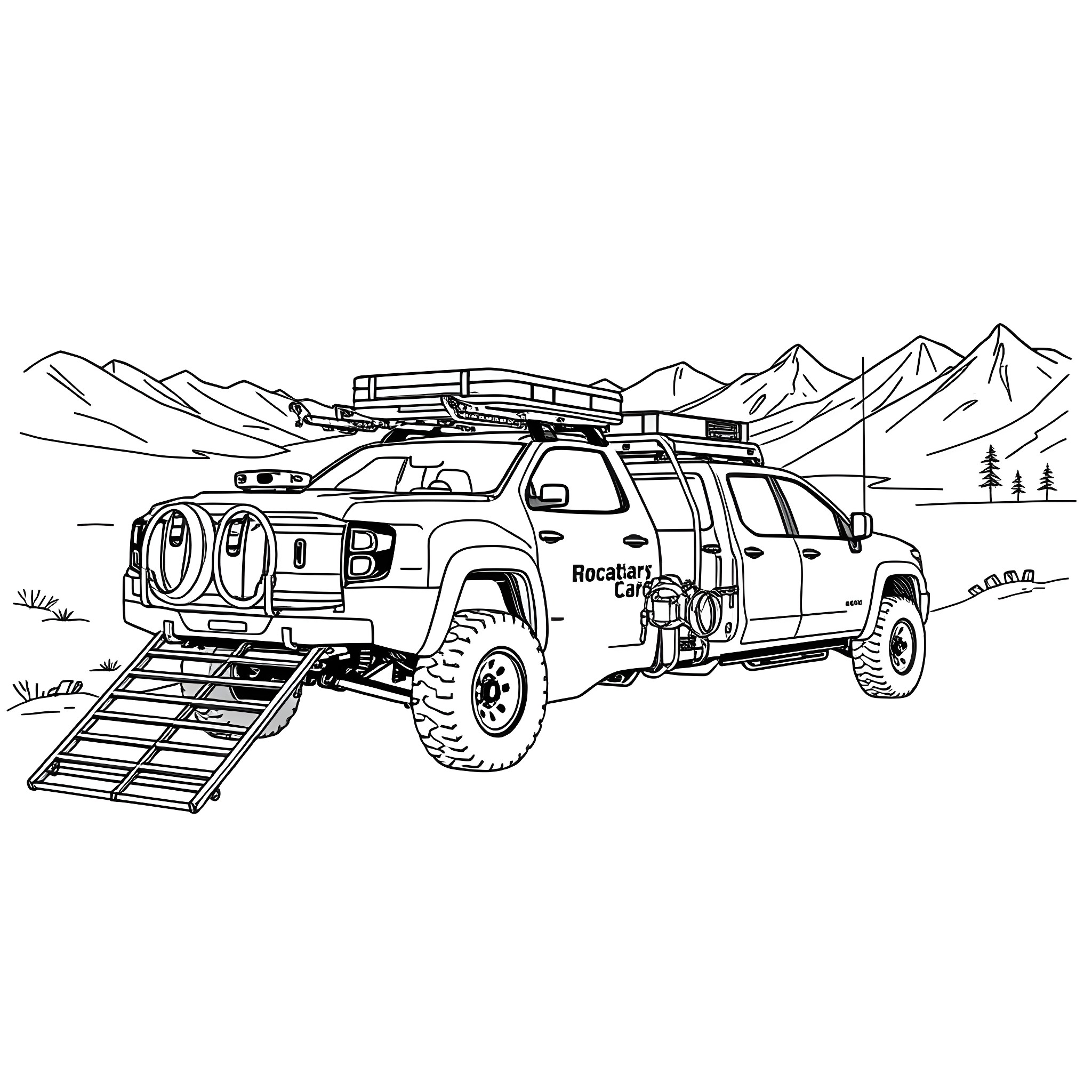 Car Trailer Loaded with Outdoor Gear and Adventure Accessories Coloring Page (free black-and-white line drawing printable PDF for all, from beginners to advanced learners, including children, teens, adults, and seniors)