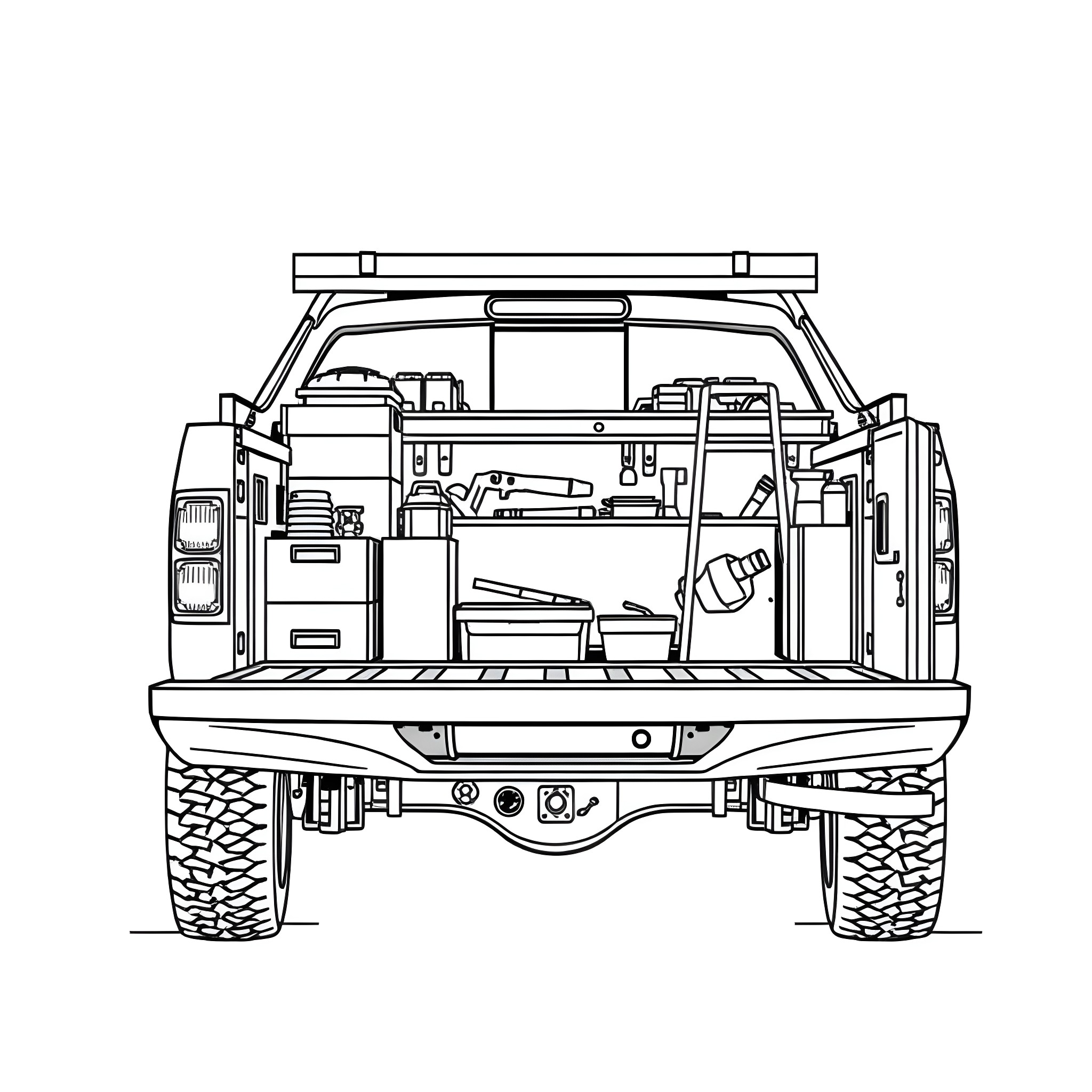 Pickup truck packed with tools and supplies Coloring Page (free black-and-white line drawing printable PDF for all, from beginners to advanced learners, including children, teens, adults, and seniors)
