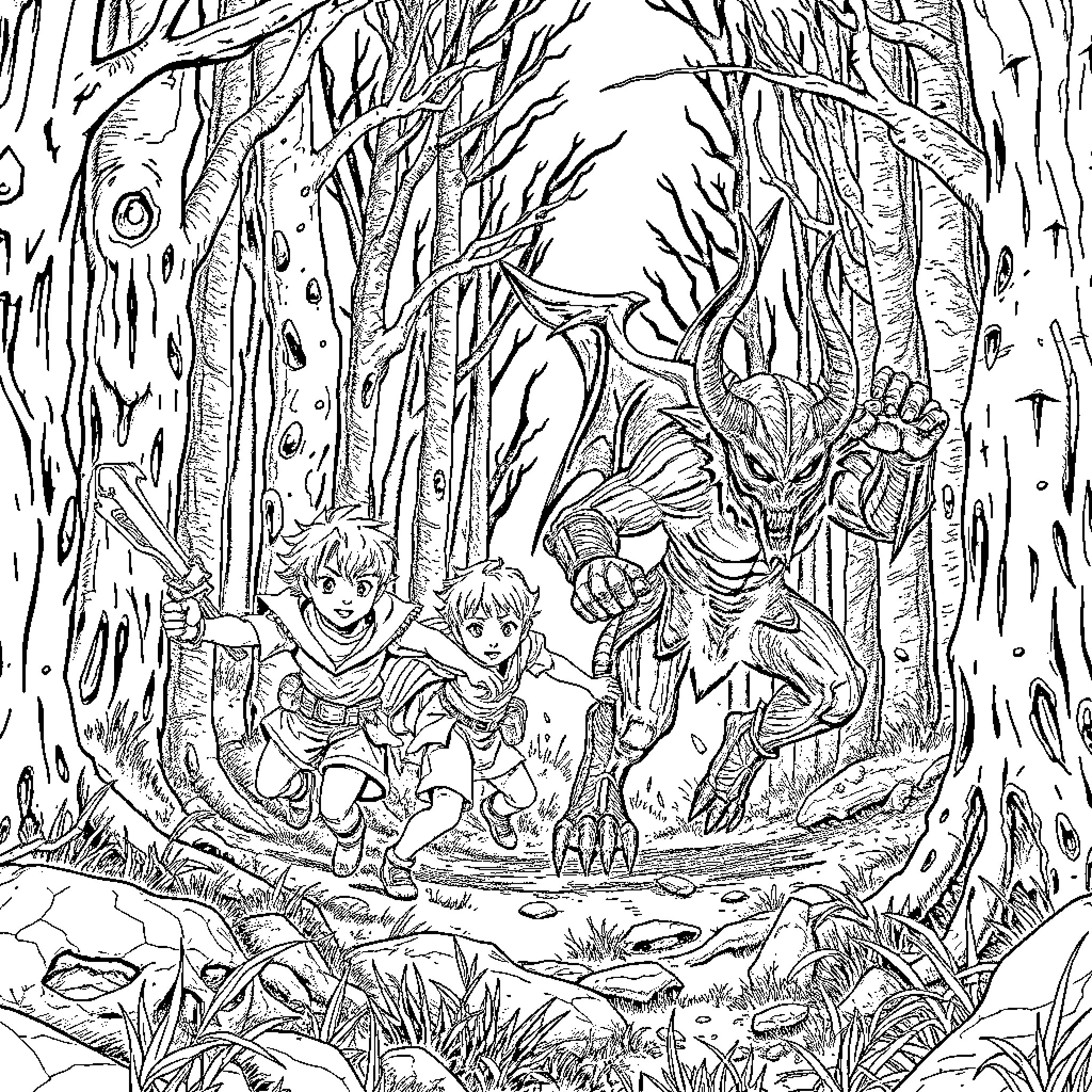 Demon Warriors Facing Fearsome Forest Creature Coloring Page (free black-and-white line drawing printable PDF for all, from beginners to advanced learners, including children, teens, adults, and seniors)