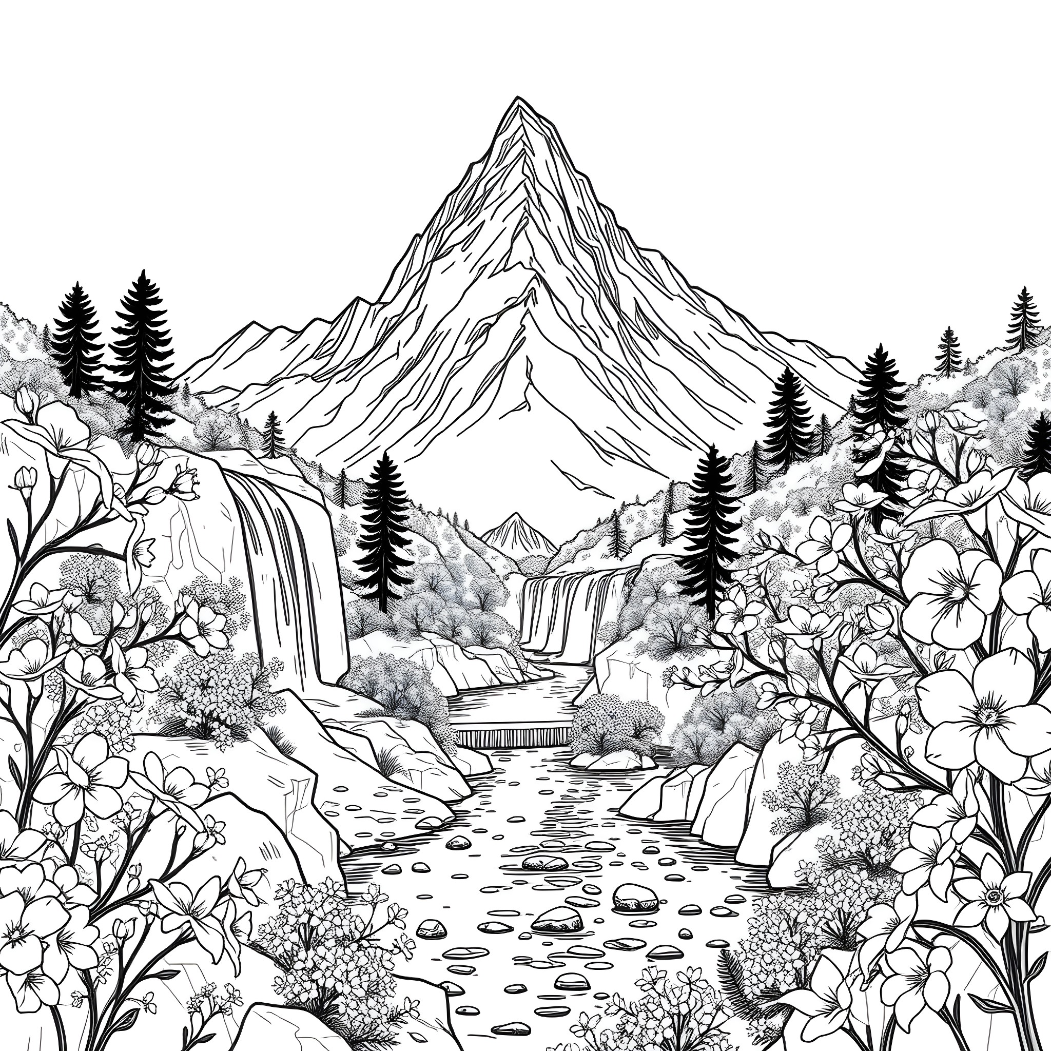 Mountain Landscape with Flowing Waterfall and Blooming Flowers Coloring Page (free black-and-white line drawing printable PDF for all, from beginners to advanced learners, including children, teens, adults, and seniors)