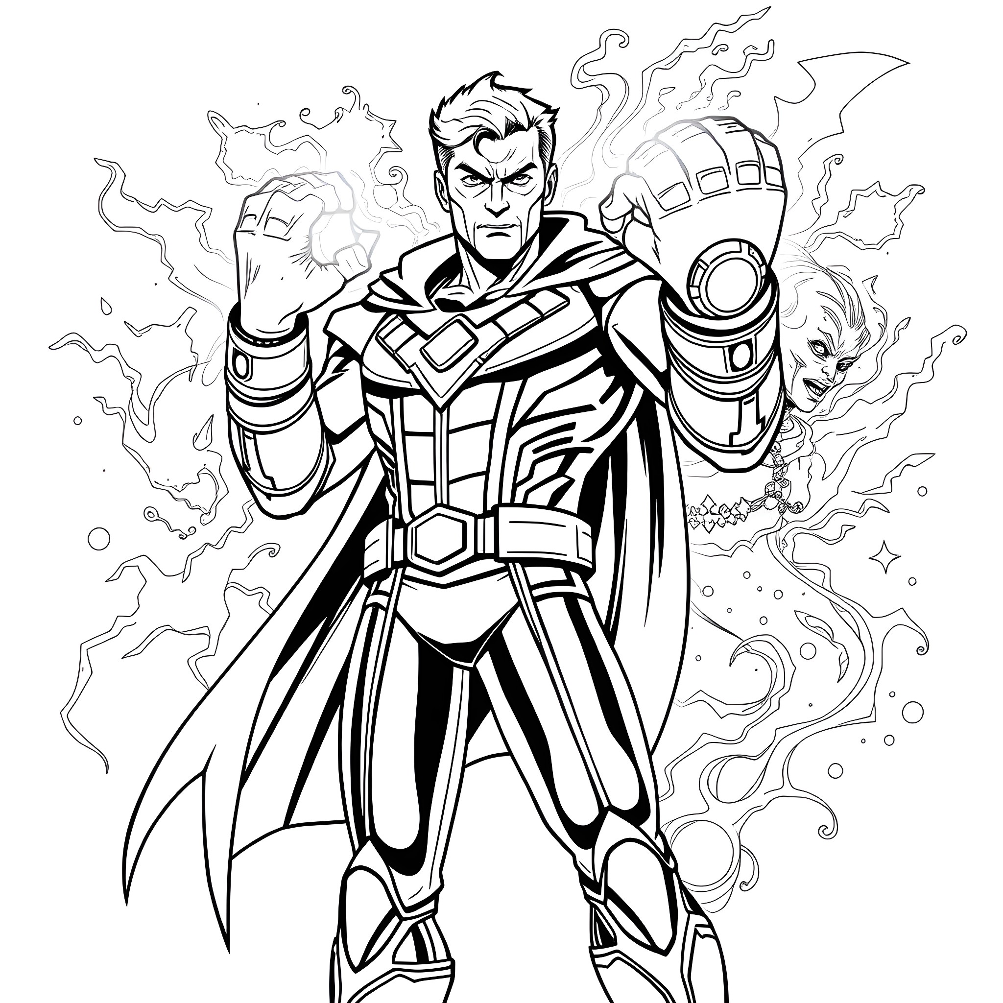 Ben 10 in powerful heroic pose with energy effects Coloring Page (free black-and-white line drawing printable PDF for all, from beginners to advanced learners, including children, teens, adults, and seniors)