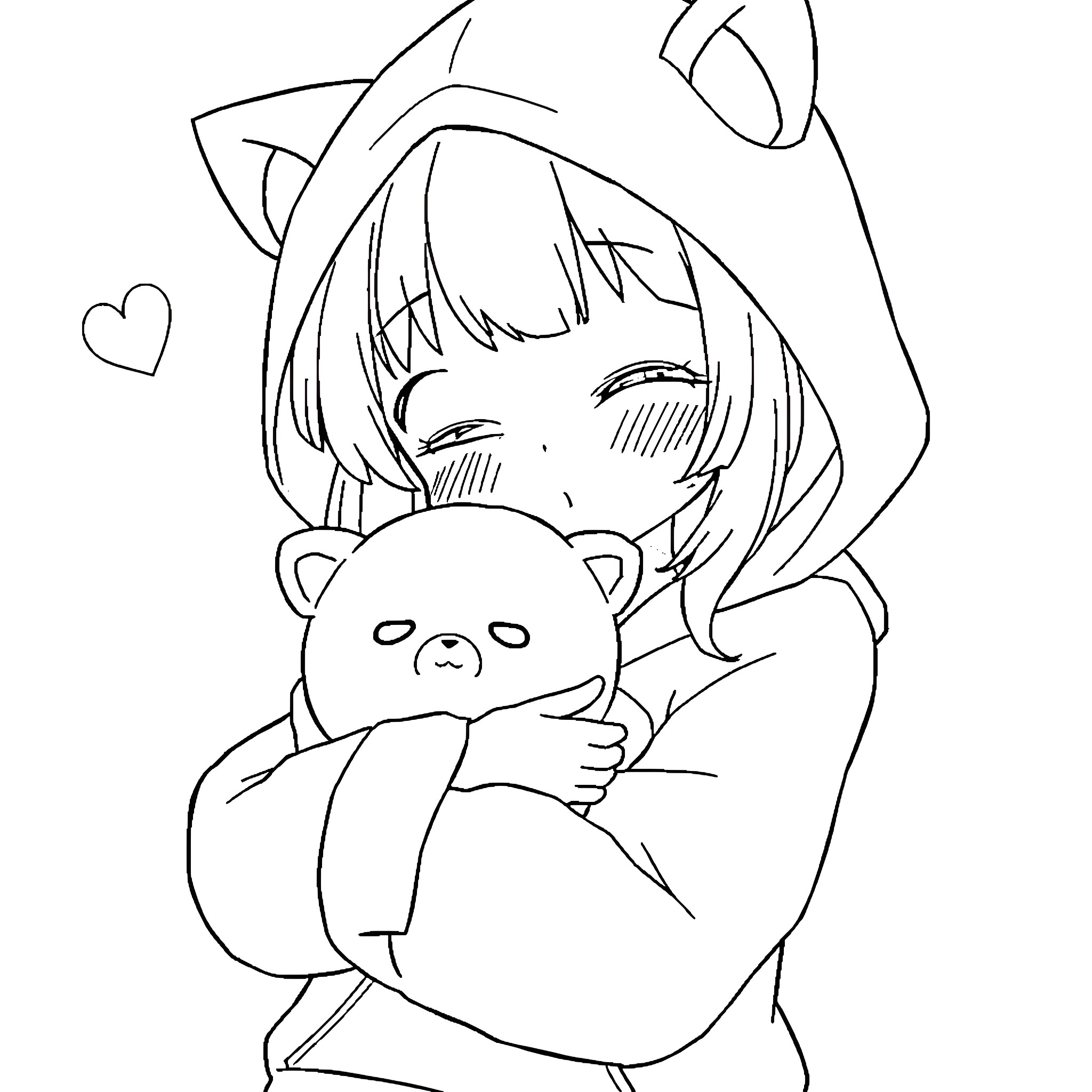 Kuromi cuddling a cute plush toy Coloring Page (free black-and-white line drawing printable PDF for all, from beginners to advanced learners, including children, teens, adults, and seniors)