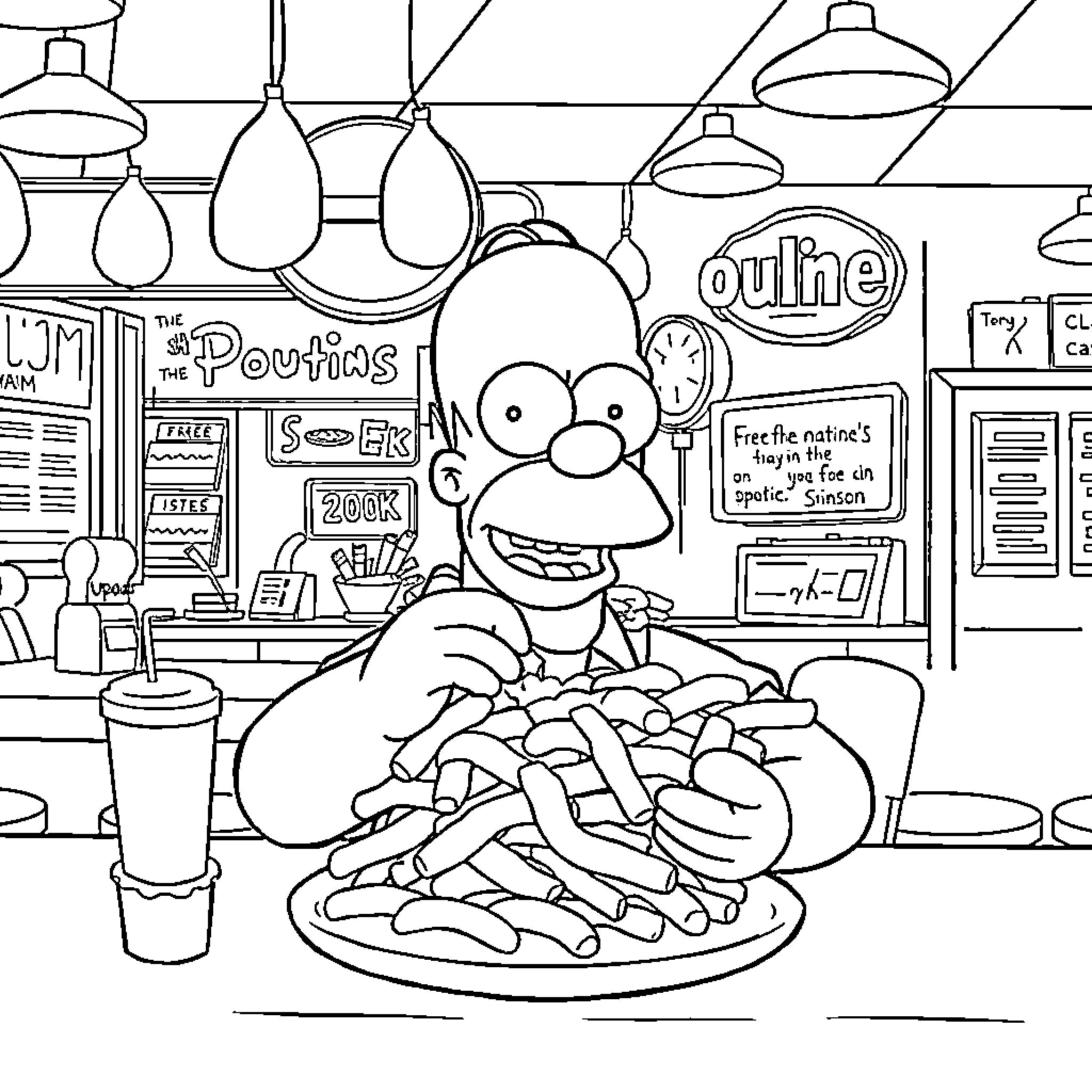 Homer Simpson enjoying a tasty meal at the diner Coloring Page (free black-and-white line drawing printable PDF for all, from beginners to advanced learners, including children, teens, adults, and seniors)