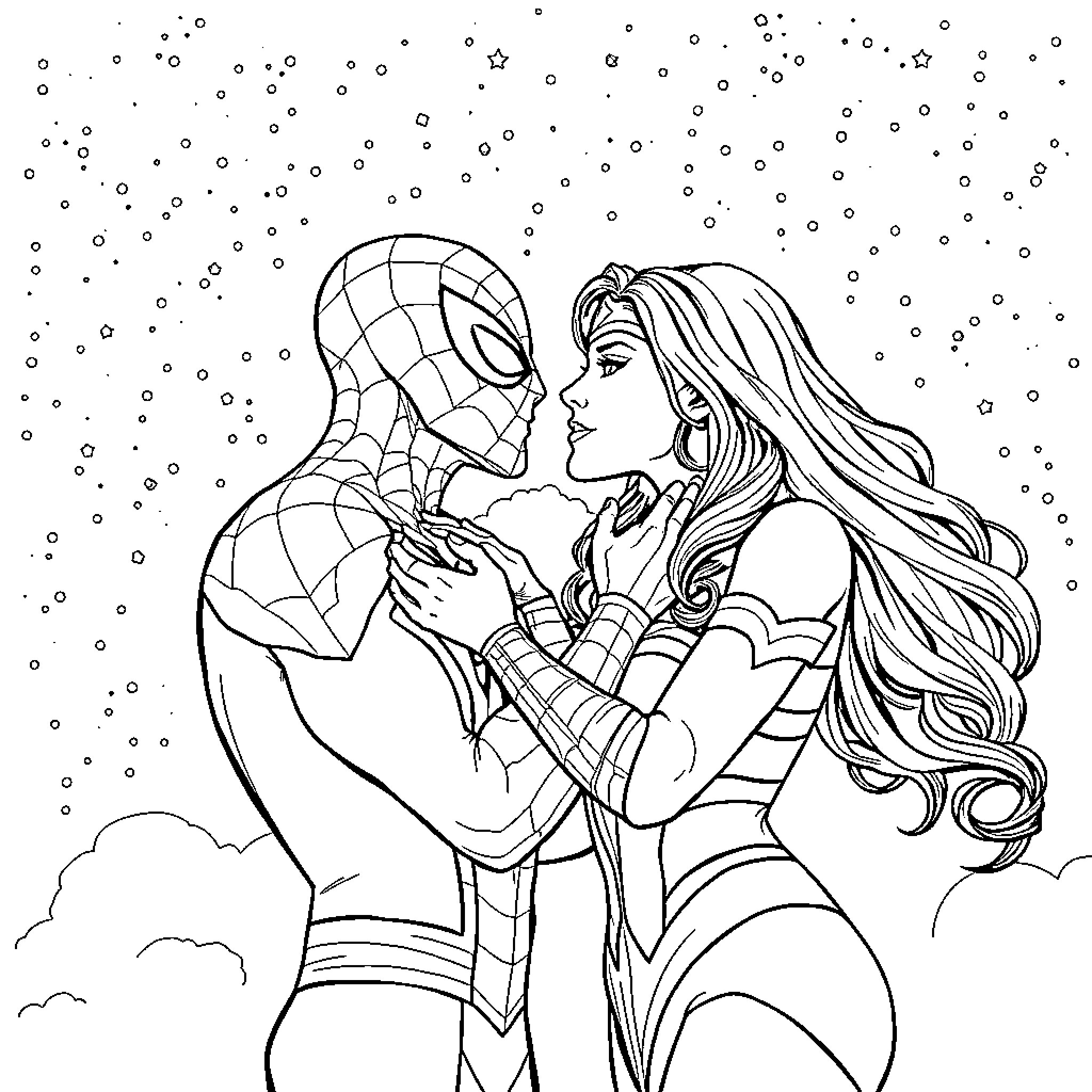 Spiderman and female hero have a romantic moment in the snow Coloring Page (free black-and-white line drawing printable PDF for all, from beginners to advanced learners, including children, teens, adults, and seniors)