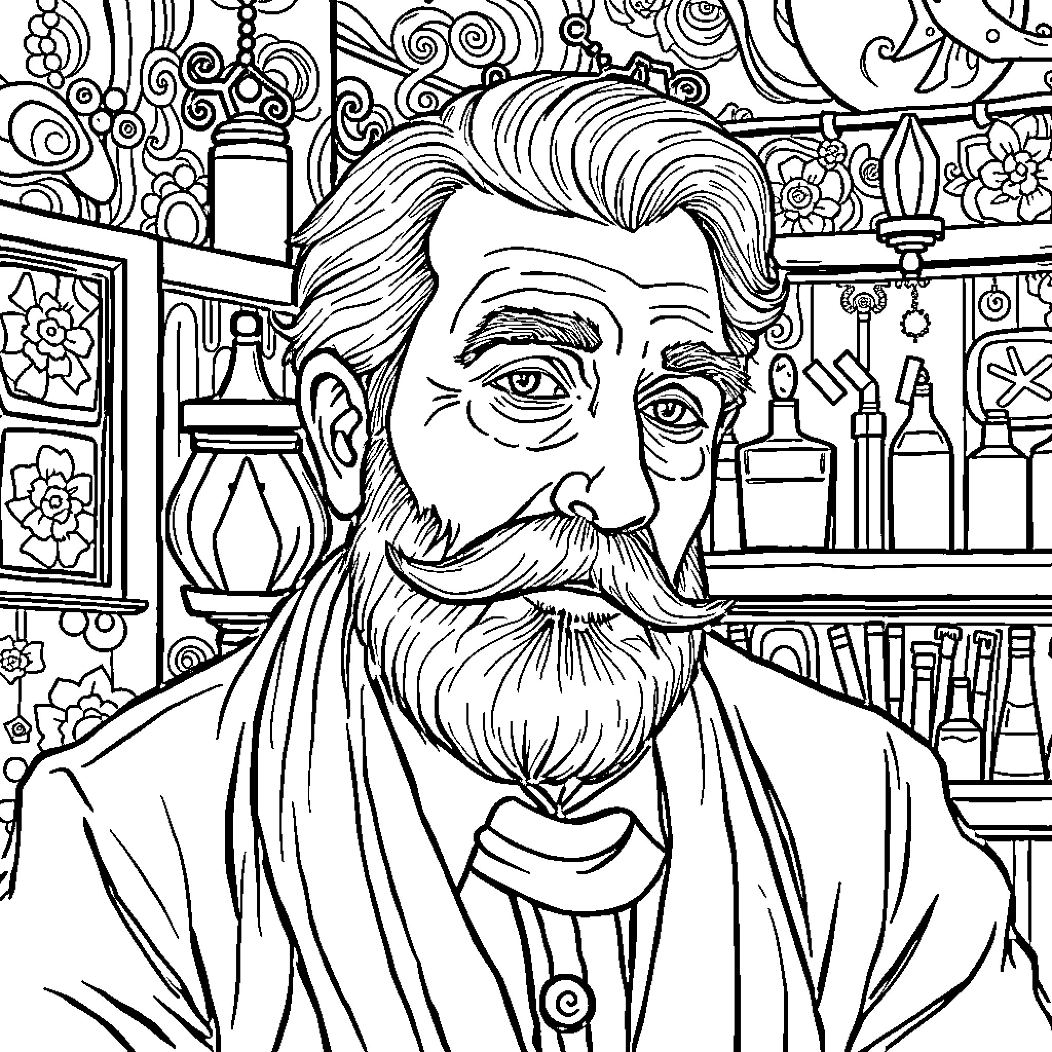 Interviewer in a Patterned Room Coloring Page (free black-and-white line drawing printable PDF for all, from beginners to advanced learners, including children, teens, adults, and seniors)