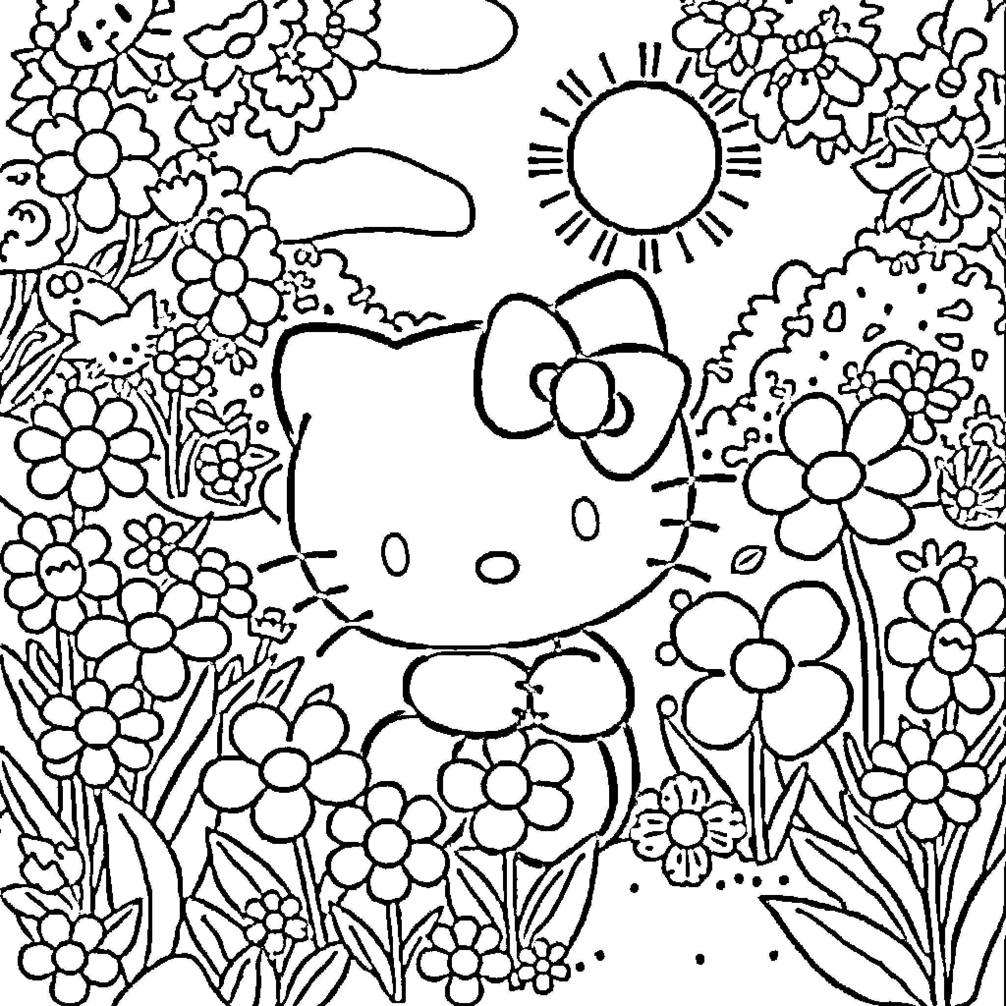 Hello Kitty enjoying the floral garden Coloring Page (free black-and-white line drawing printable PDF for all, from beginners to advanced learners, including children, teens, adults, and seniors)