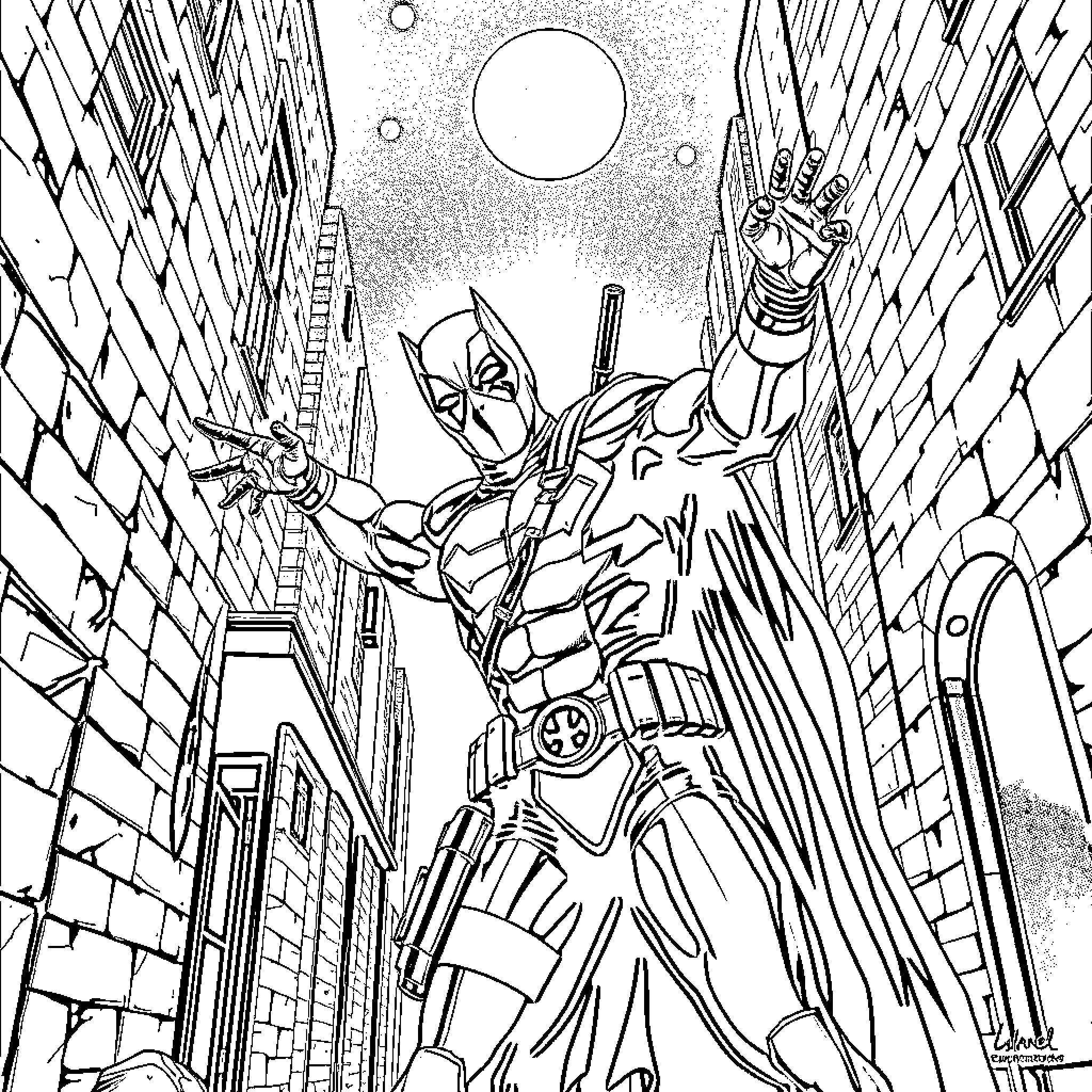 Deadpool fighting crime in the city streets Coloring Page (free black-and-white line drawing printable PDF for all, from beginners to advanced learners, including children, teens, adults, and seniors)
