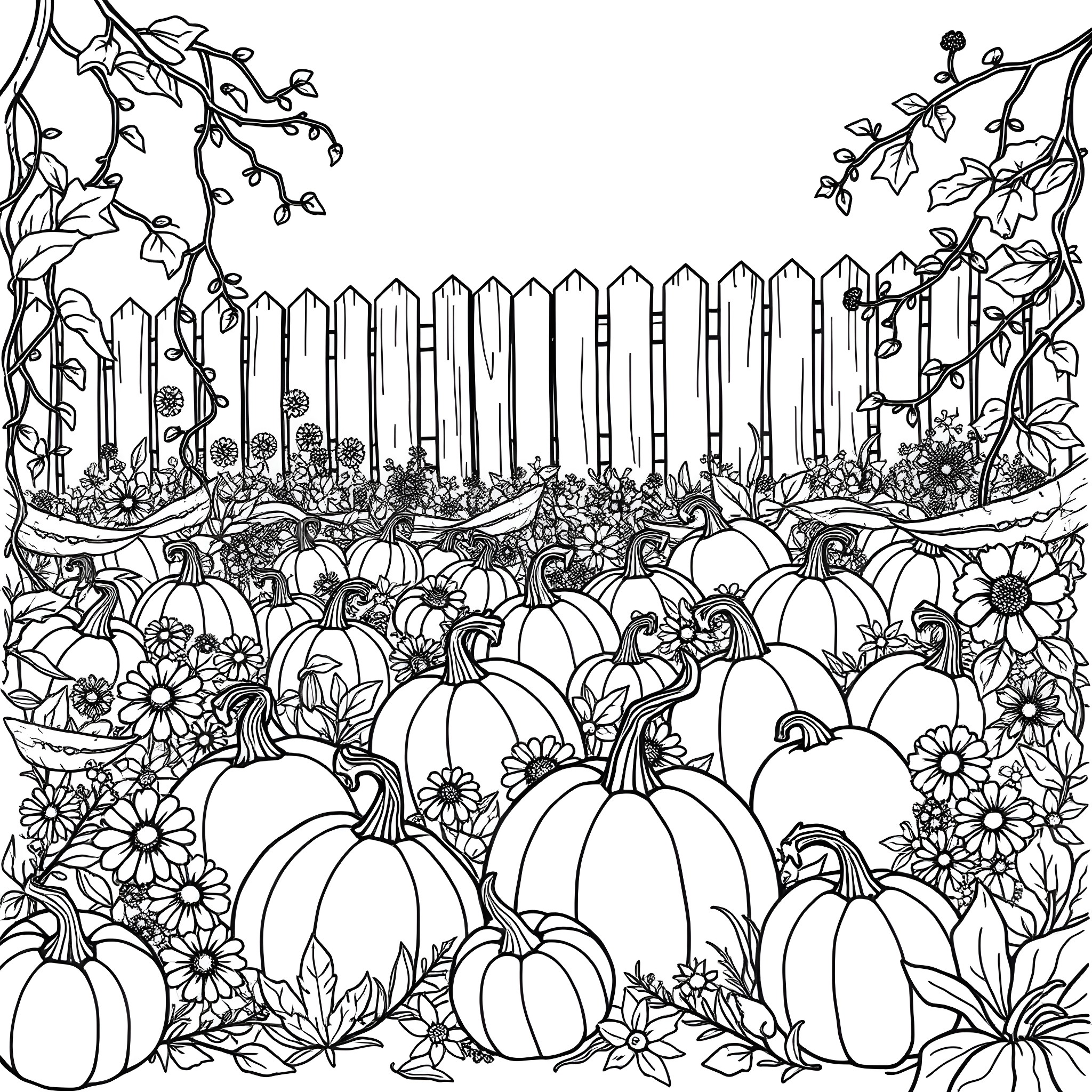 Pumpkin Patch with Flowers and Fence Coloring Page (free black-and-white line drawing printable PDF for all, from beginners to advanced learners, including children, teens, adults, and seniors)