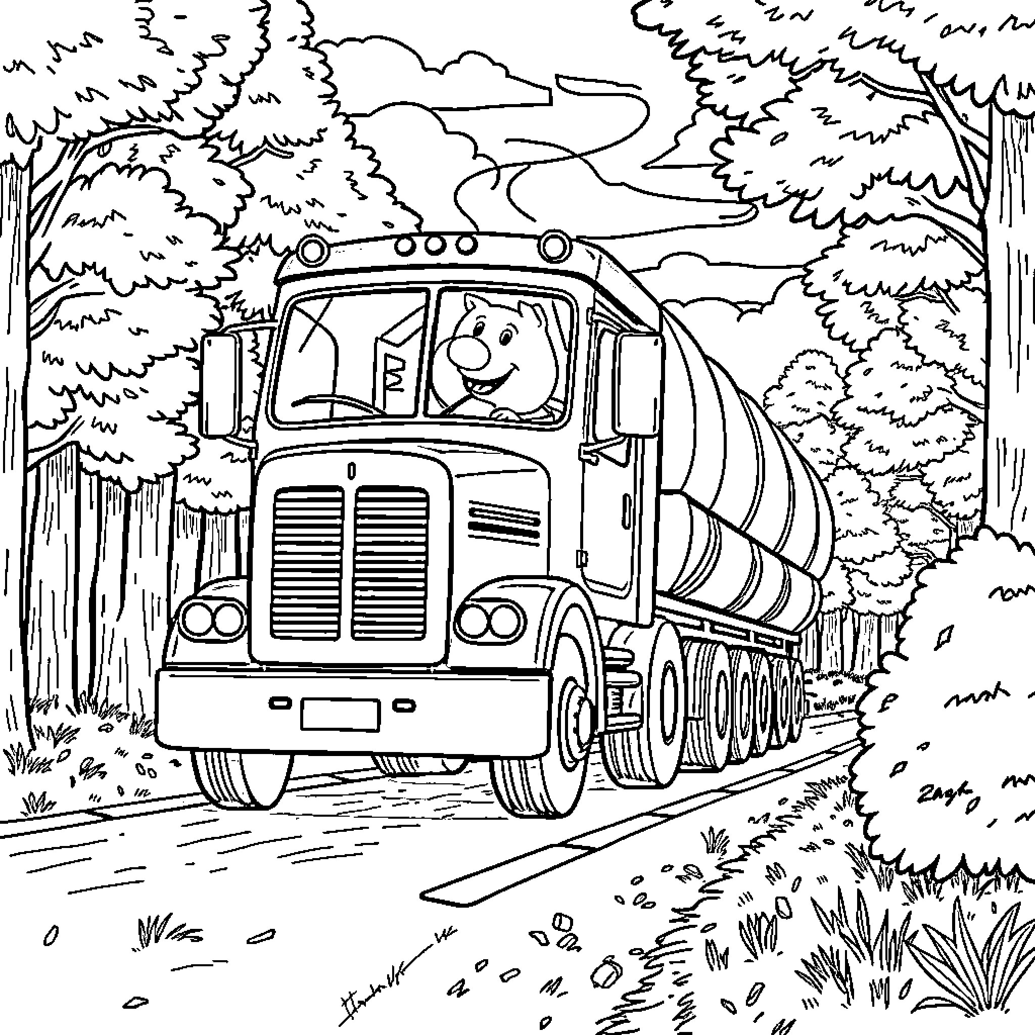 Papa Pig driving a big truck through the forest Coloring Page (free black-and-white line drawing printable PDF for all, from beginners to advanced learners, including children, teens, adults, and seniors)