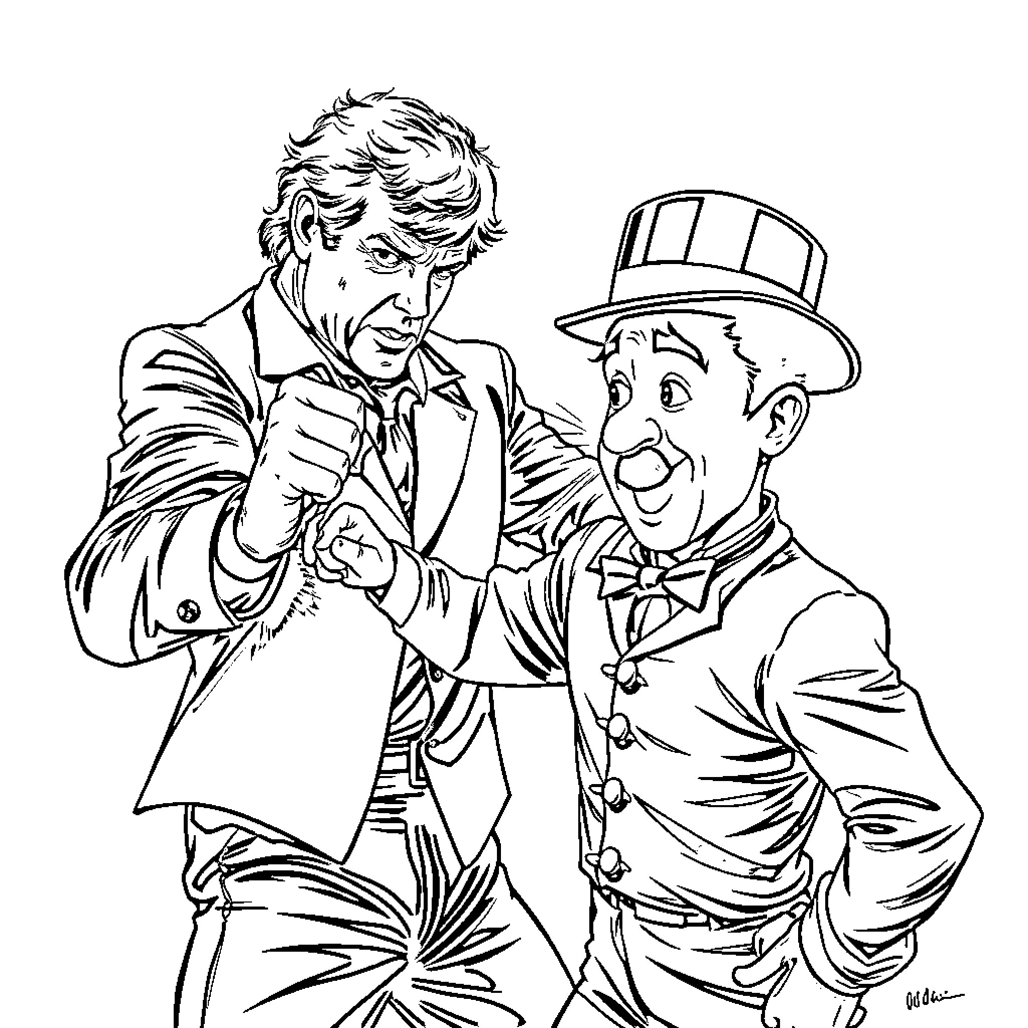 Chuck Norris and Comical Gentleman in Animated Encounter Coloring Page (free black-and-white line drawing printable PDF for all, from beginners to advanced learners, including children, teens, adults, and seniors)