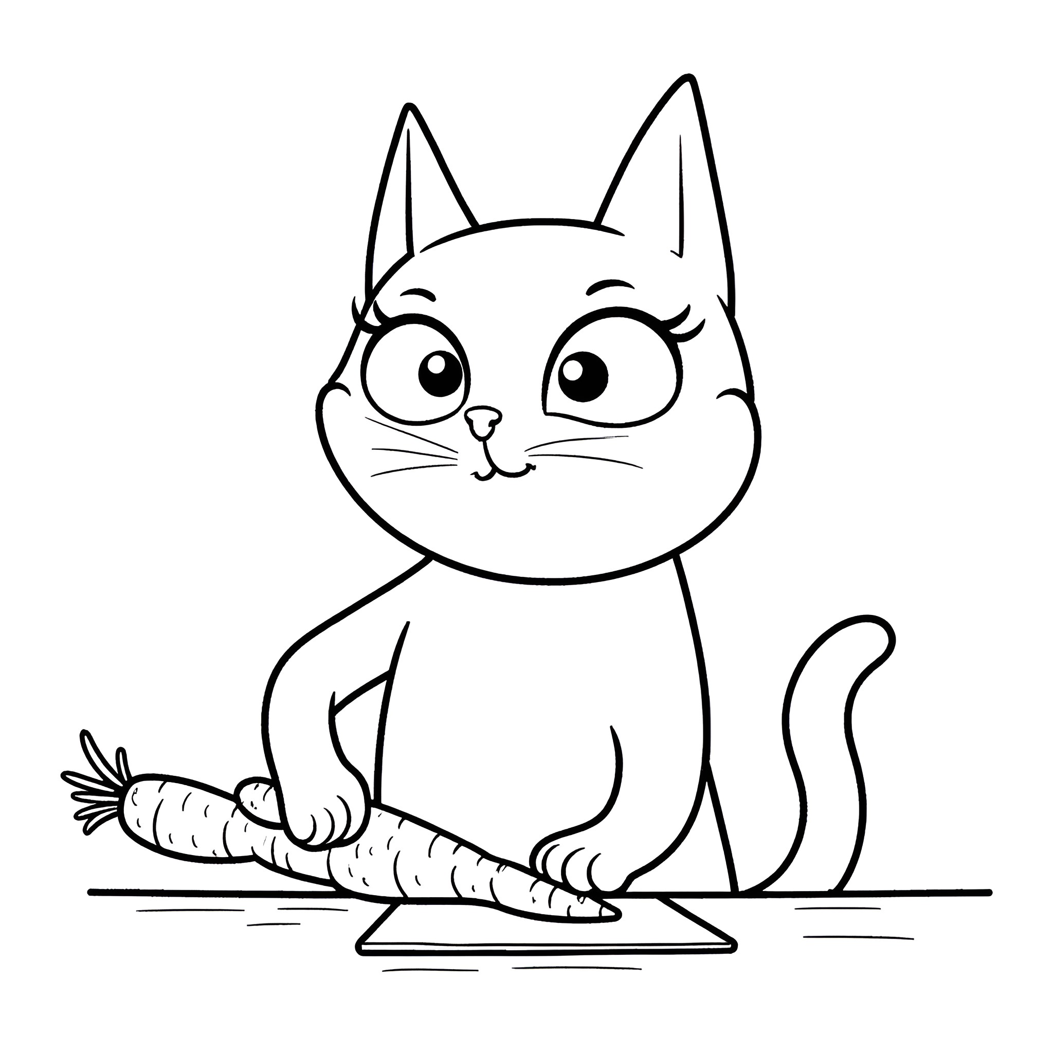 Cat with carrot in black and white Coloring Page (free black-and-white line drawing printable PDF for all, from beginners to advanced learners, including children, teens, adults, and seniors)