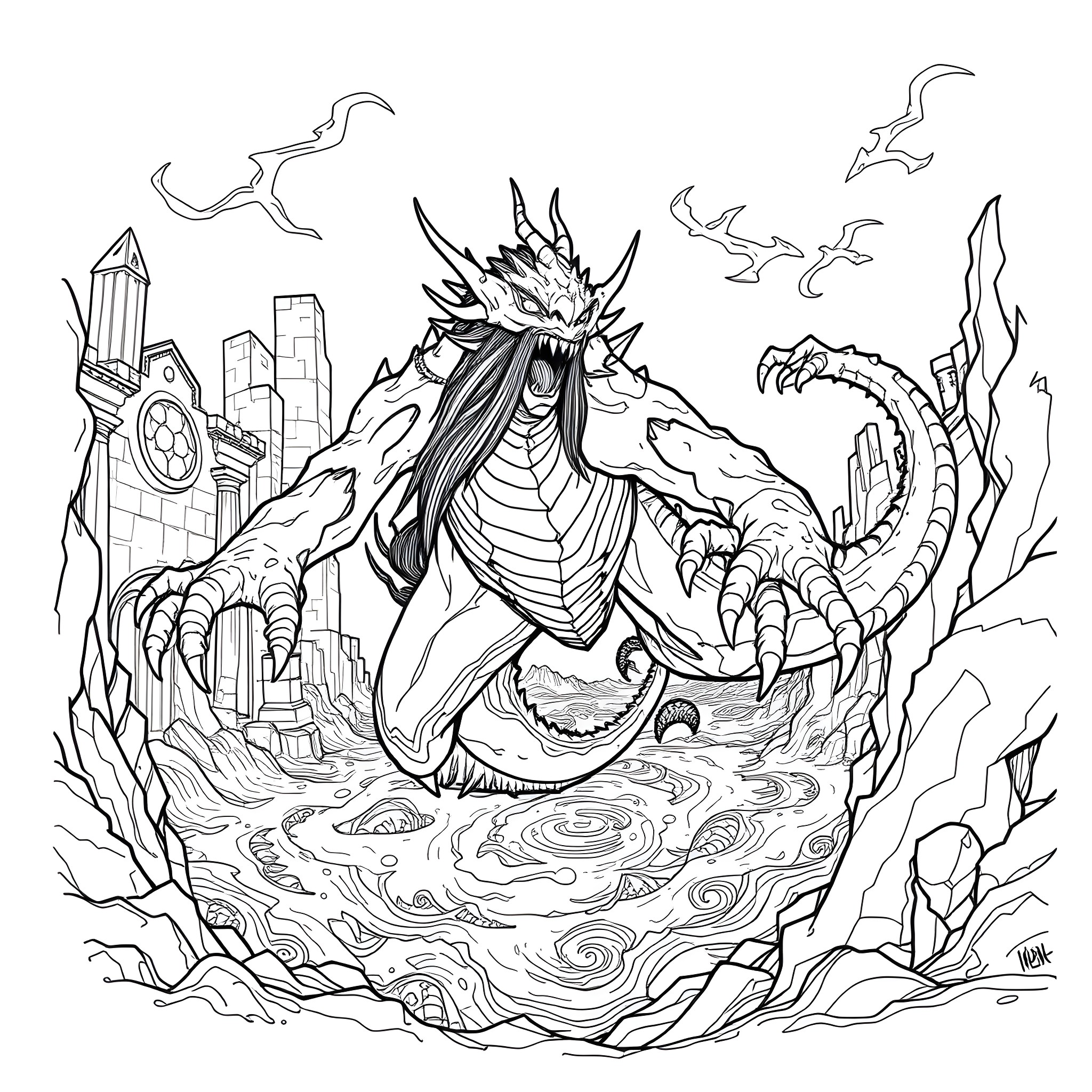 Slardar: The Leviathan Defender of the City Coloring Page (free black-and-white line drawing printable PDF for all, from beginners to advanced learners, including children, teens, adults, and seniors)