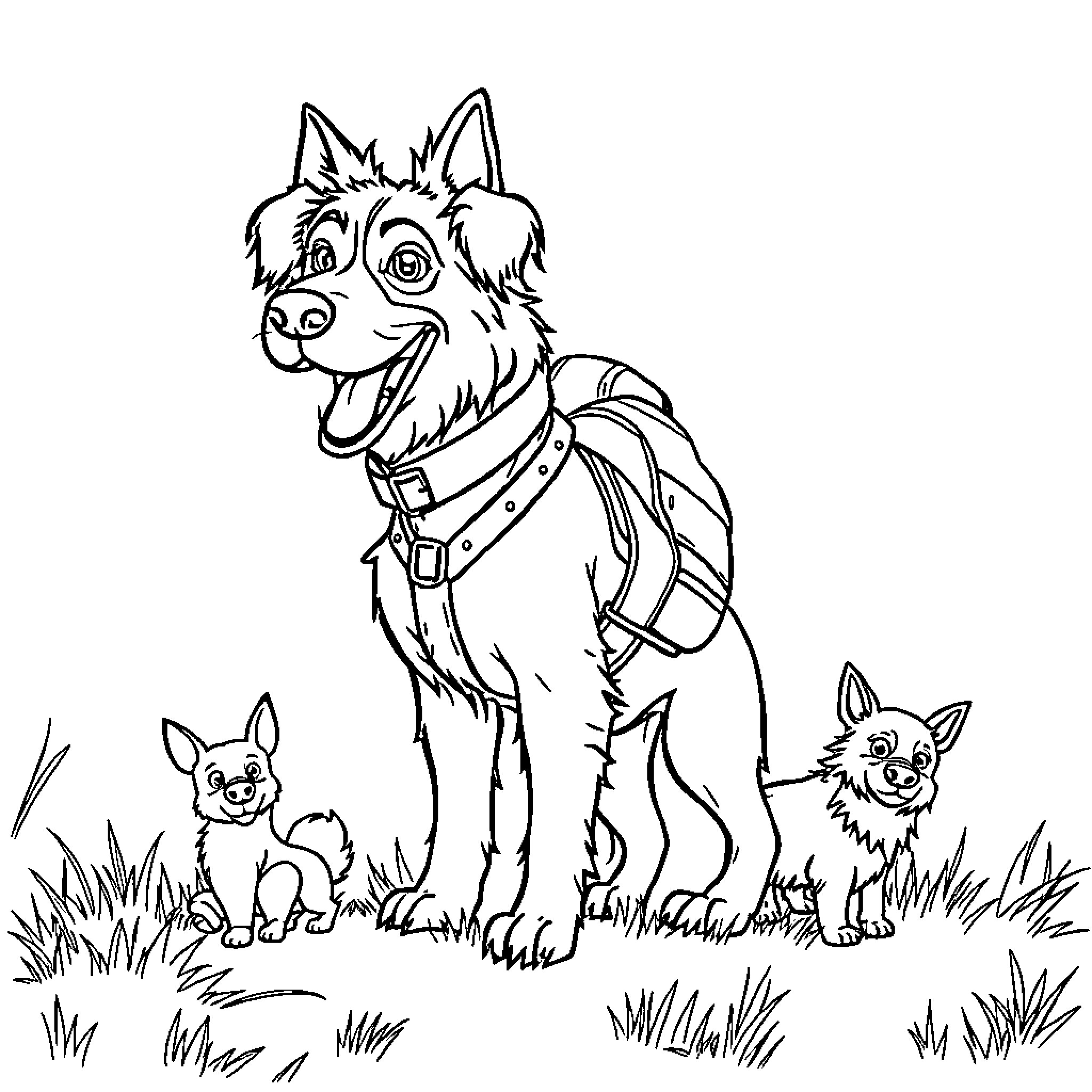Paw Patrol dogs playing in the field Coloring Page (free black-and-white line drawing printable PDF for all, from beginners to advanced learners, including children, teens, adults, and seniors)