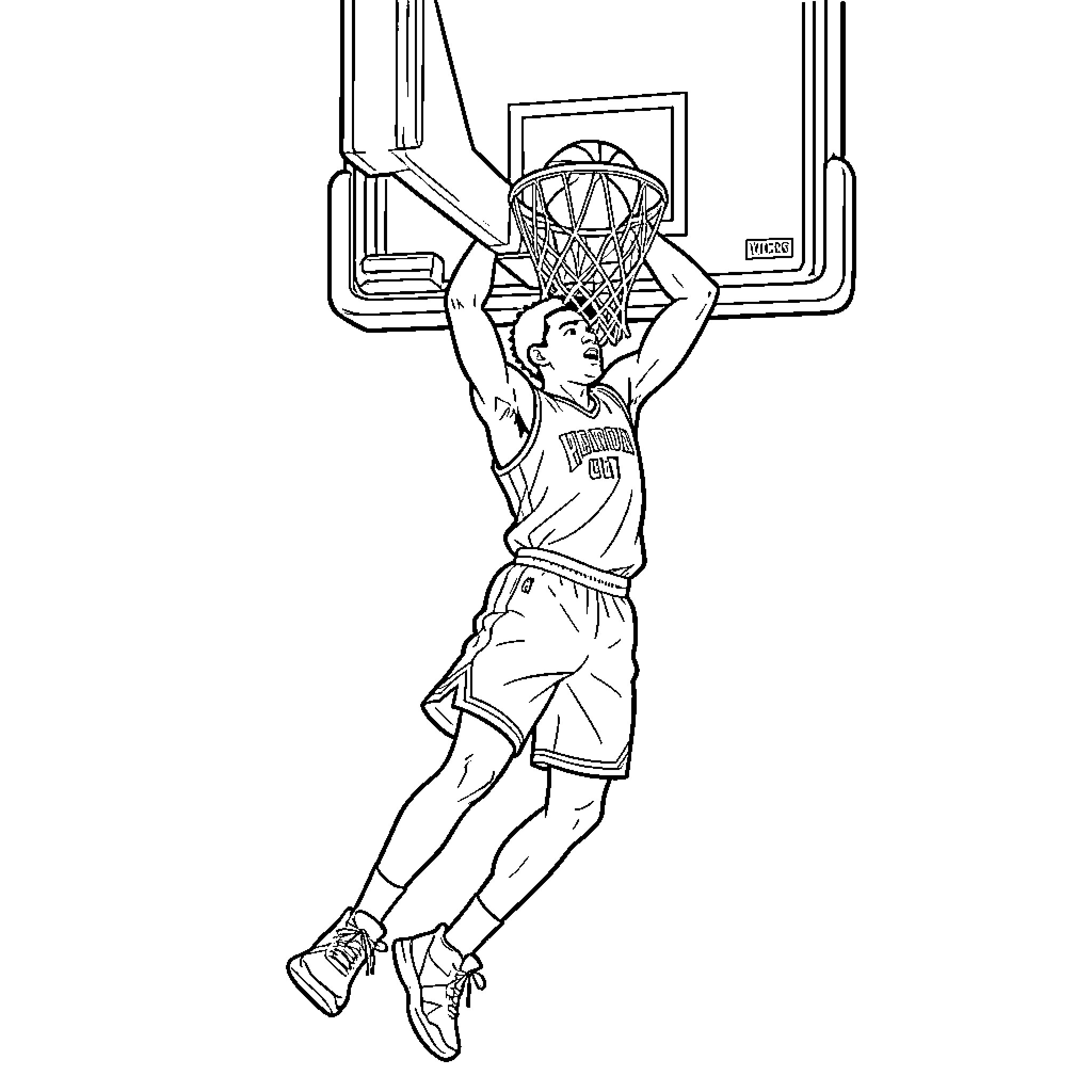 Victor Wembanyama performing a powerful slam dunk Coloring Page (free black-and-white line drawing printable PDF for all, from beginners to advanced learners, including children, teens, adults, and seniors)