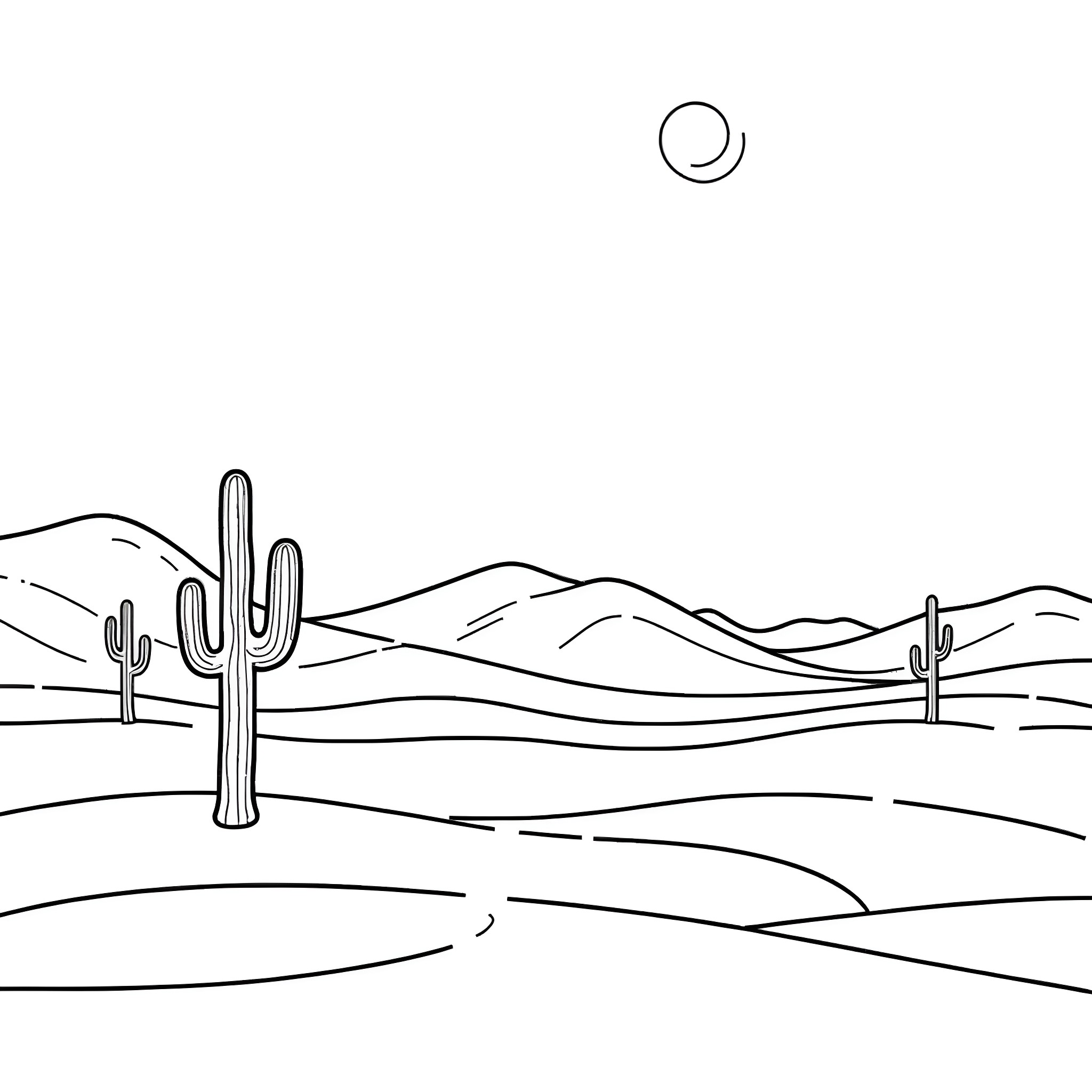 Desert Landscape with Cacti and Hills Coloring Page (free black-and-white line drawing printable PDF for all, from beginners to advanced learners, including children, teens, adults, and seniors)