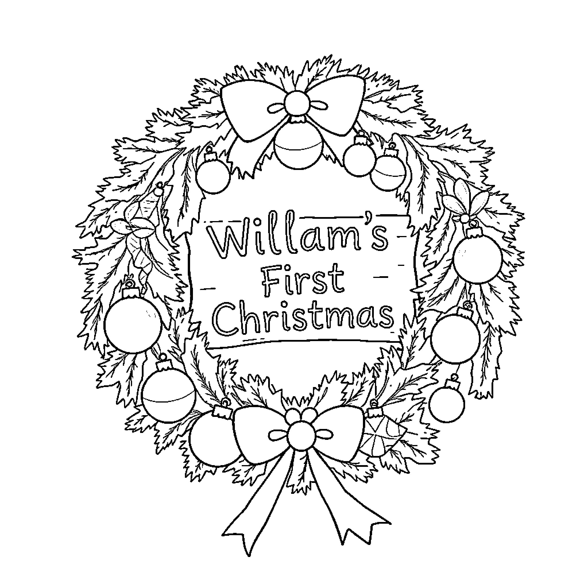 Wreath with Christmas decorations and text Coloring Page (free black-and-white line drawing printable PDF for all, from beginners to advanced learners, including children, teens, adults, and seniors)