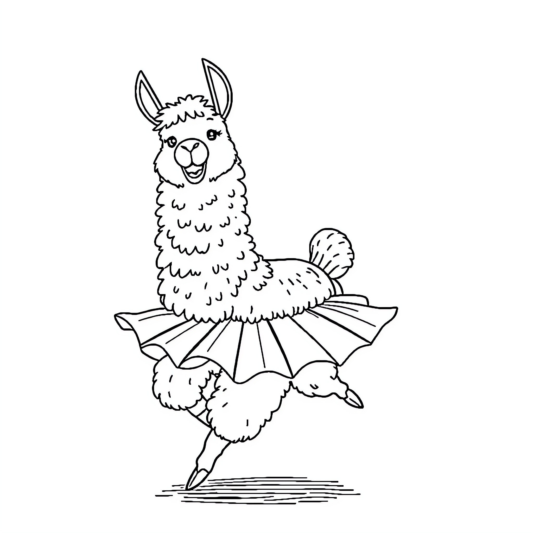 Llama dancing joyfully in a costume Coloring Page (free black-and-white line drawing printable PDF for all, from beginners to advanced learners, including children, teens, adults, and seniors)
