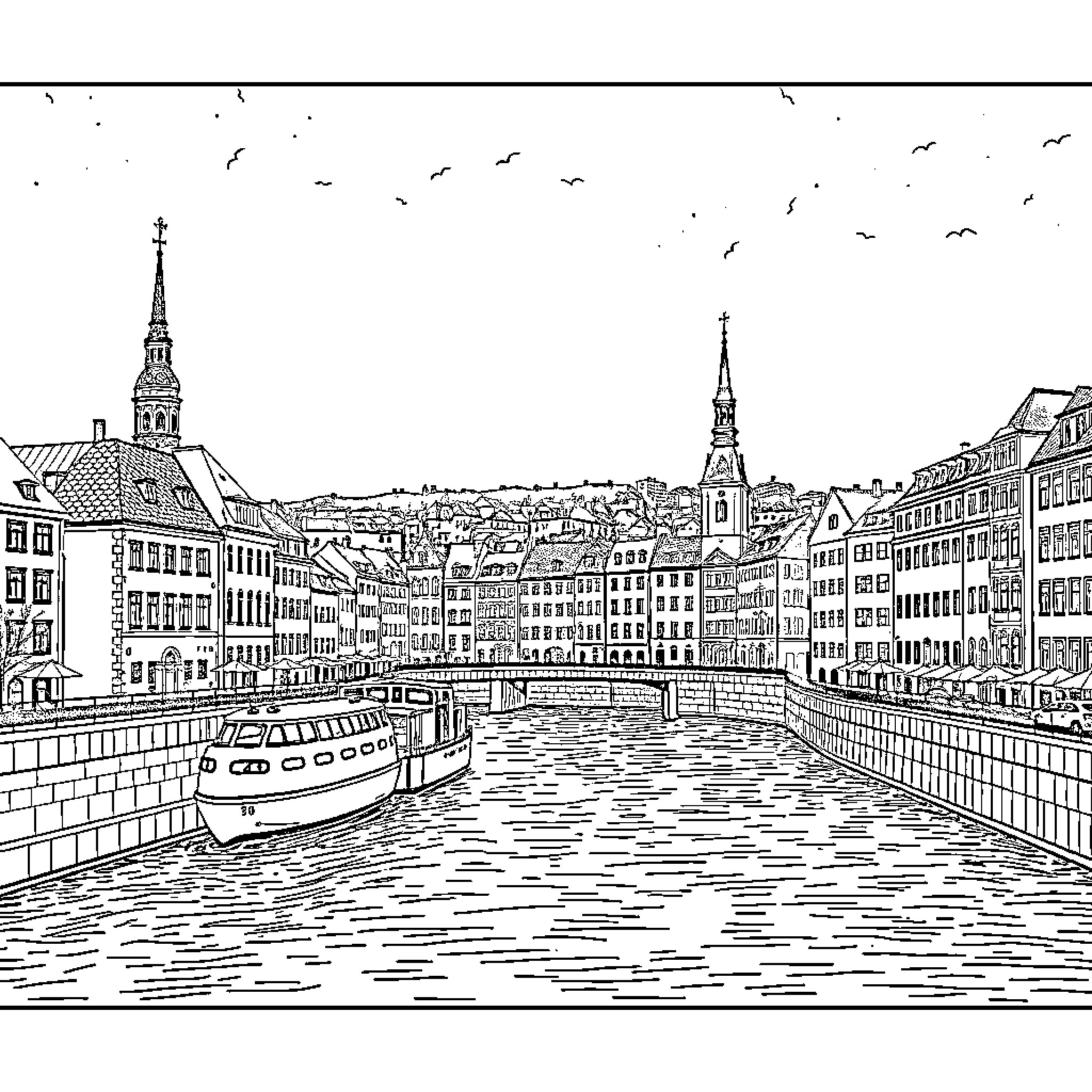 Stockholm's Cityscape with Boats and Iconic Architecture Coloring Page (free black-and-white line drawing printable PDF for all, from beginners to advanced learners, including children, teens, adults, and seniors)