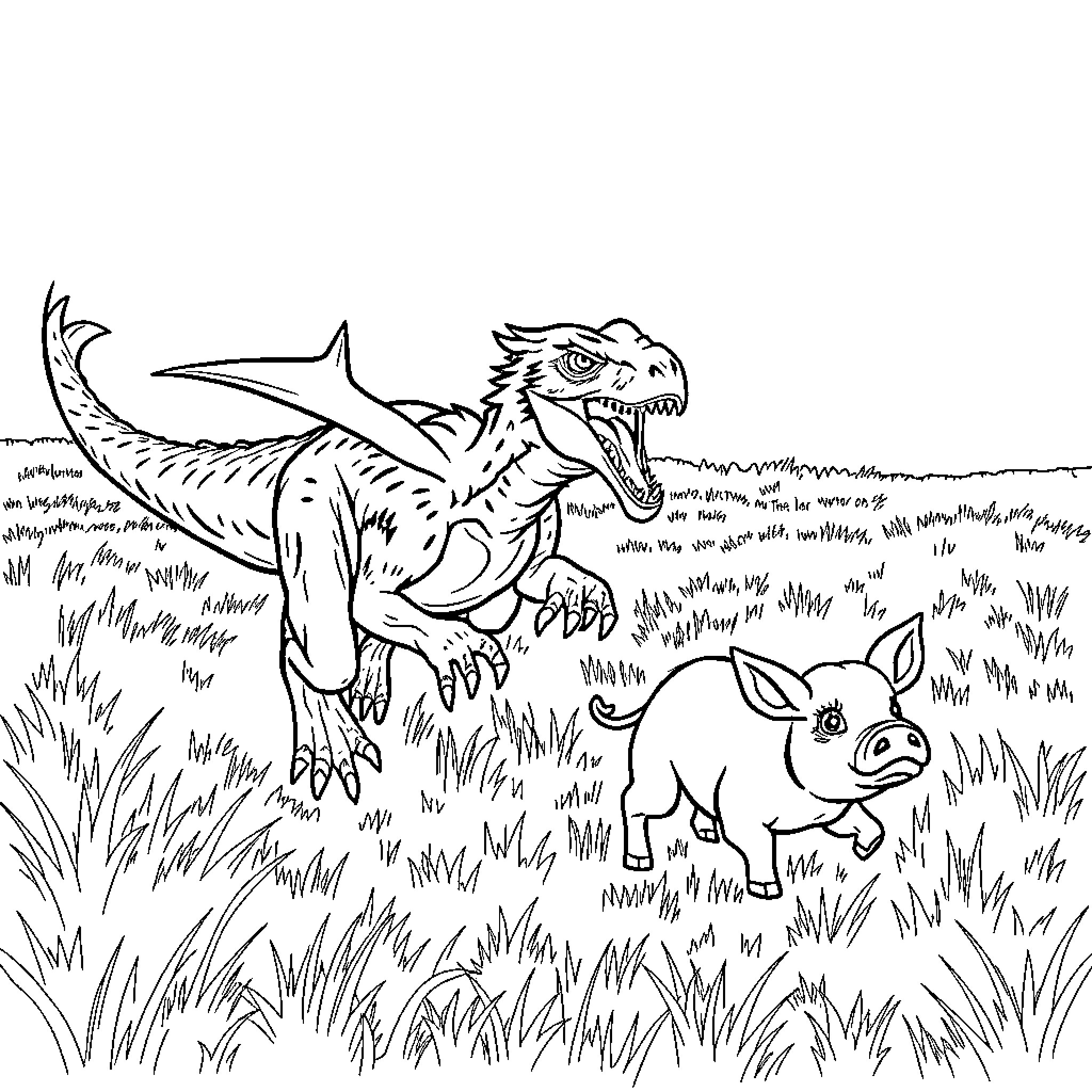 Raptor encountering curious piglet in grassy field Coloring Page (free black-and-white line drawing printable PDF for all, from beginners to advanced learners, including children, teens, adults, and seniors)