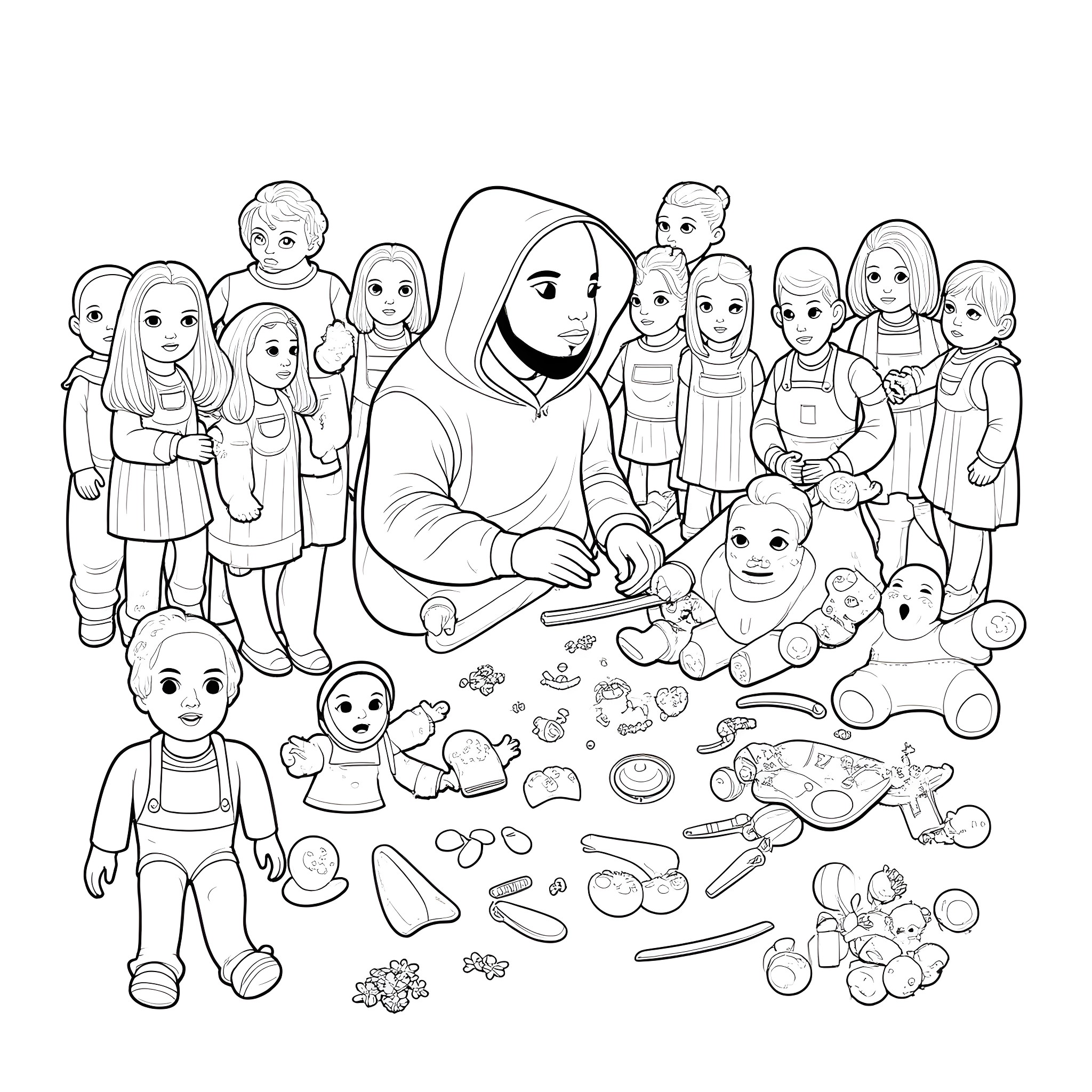 Doll making workshop with children Coloring Page (free black-and-white line drawing printable PDF for all, from beginners to advanced learners, including children, teens, adults, and seniors)