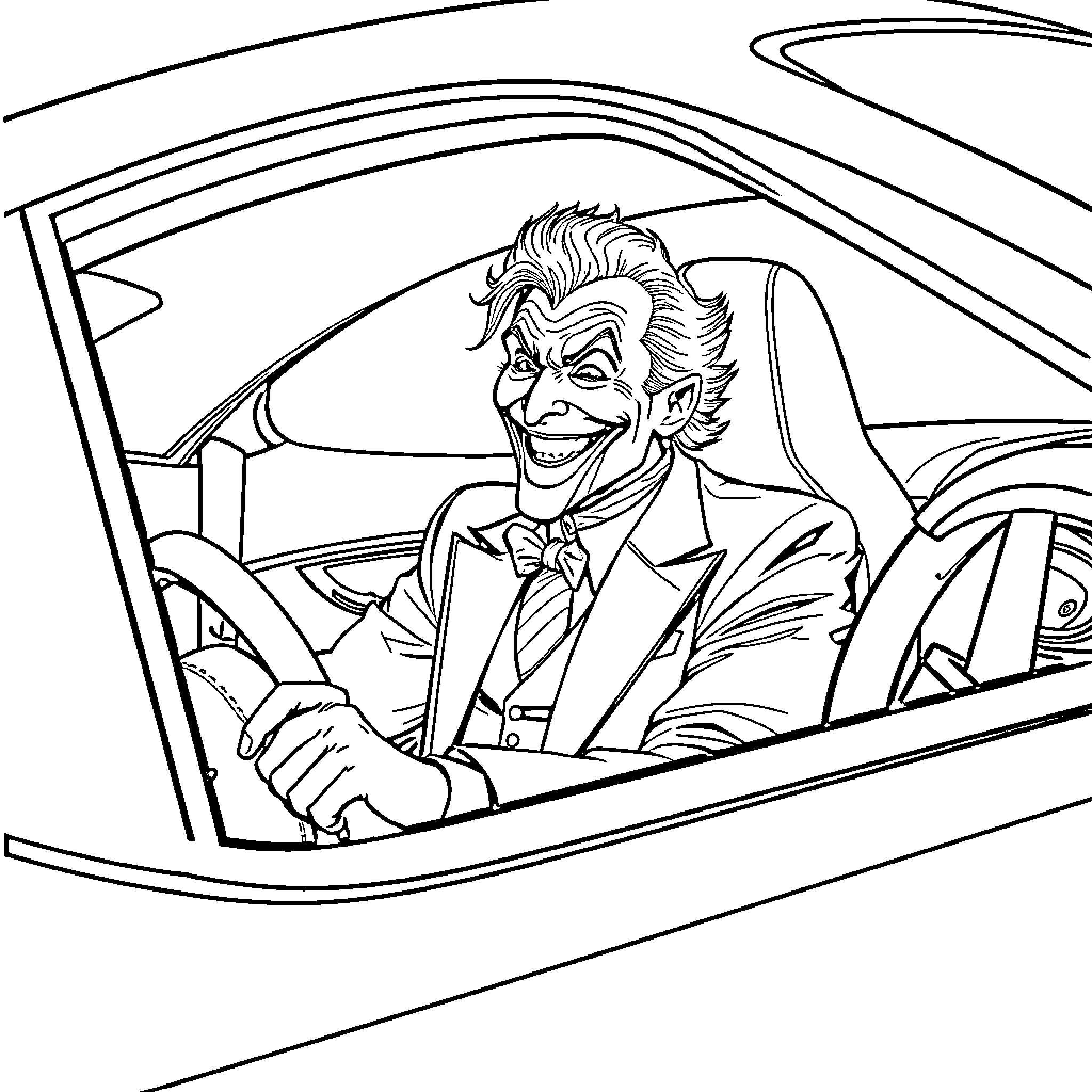 Joker driving in his car with a mischievous grin Coloring Page (free black-and-white line drawing printable PDF for all, from beginners to advanced learners, including children, teens, adults, and seniors)