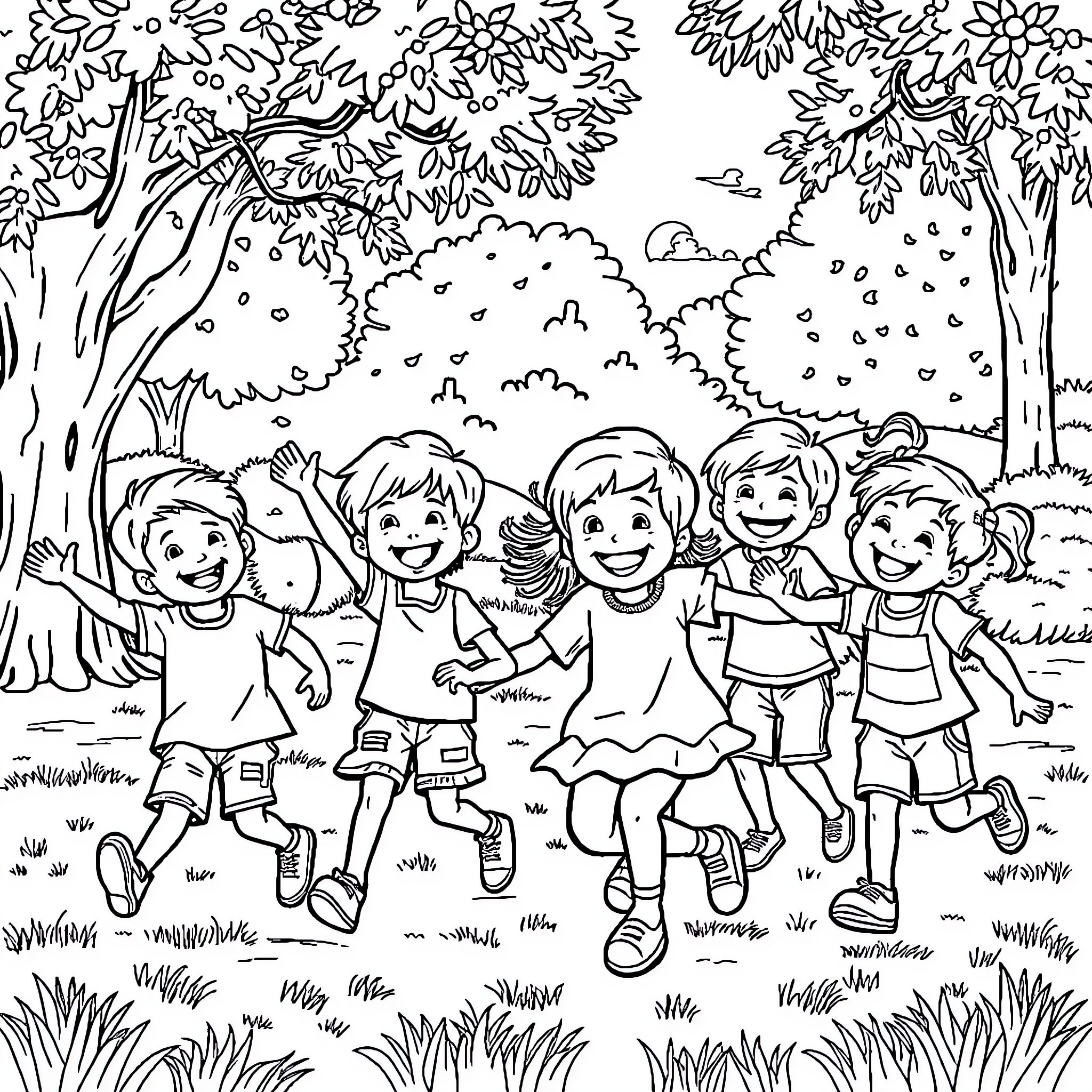 Kids playing joyfully in the park Coloring Page (free black-and-white line drawing printable PDF for all, from beginners to advanced learners, including children, teens, adults, and seniors)