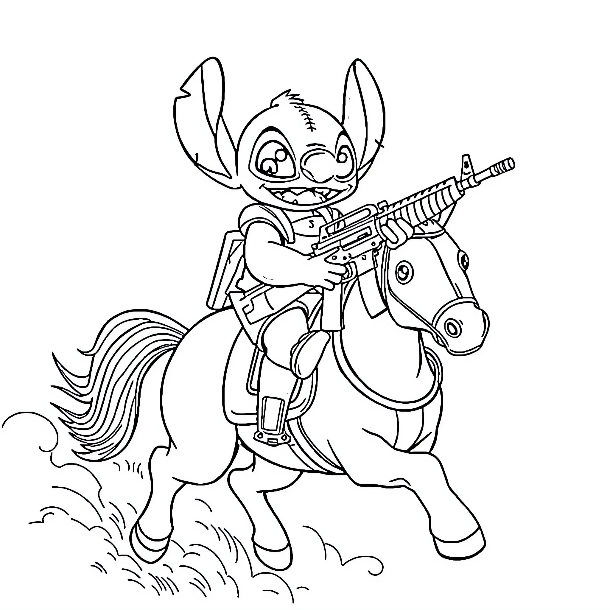 Stitch riding a unicorn while wielding a firearm Coloring Page (free black-and-white line drawing printable PDF for all, from beginners to advanced learners, including children, teens, adults, and seniors)