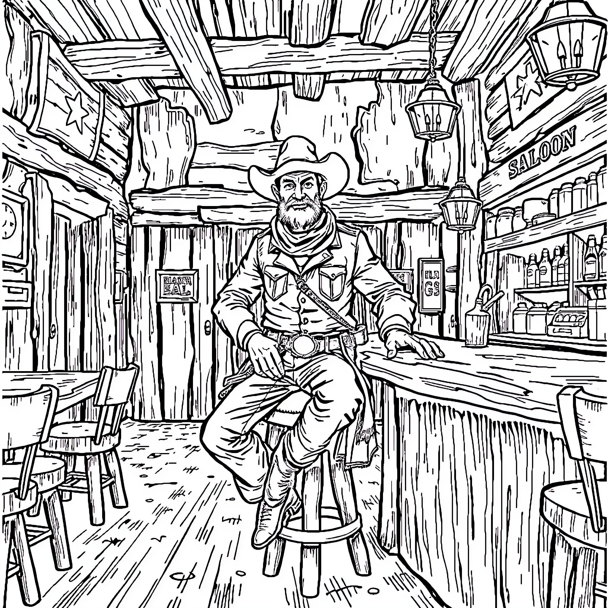 Cowboy sitting in a saloon enjoying a drink Coloring Page (free black-and-white line drawing printable PDF for all, from beginners to advanced learners, including children, teens, adults, and seniors)
