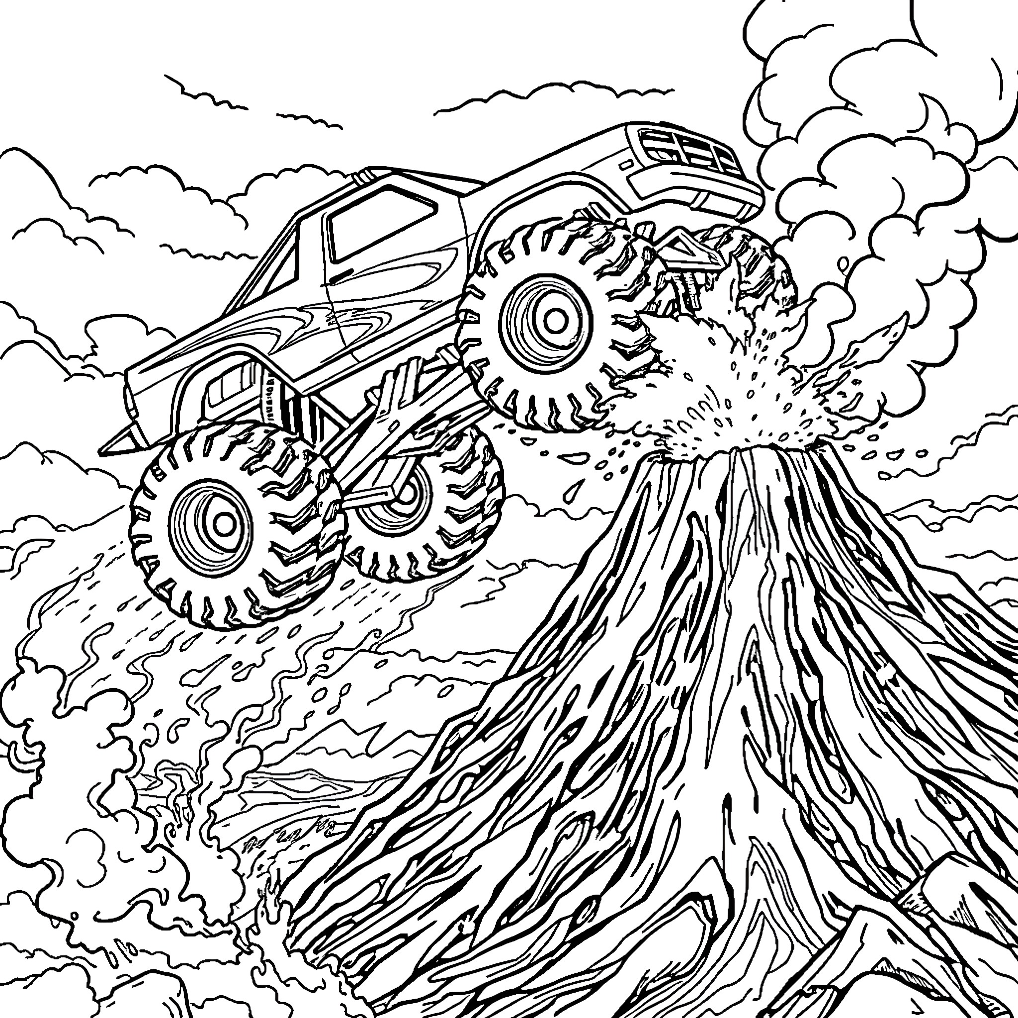 Monster Truck Soaring Over Volcanic Eruption Coloring Page (free black-and-white line drawing printable PDF for all, from beginners to advanced learners, including children, teens, adults, and seniors)