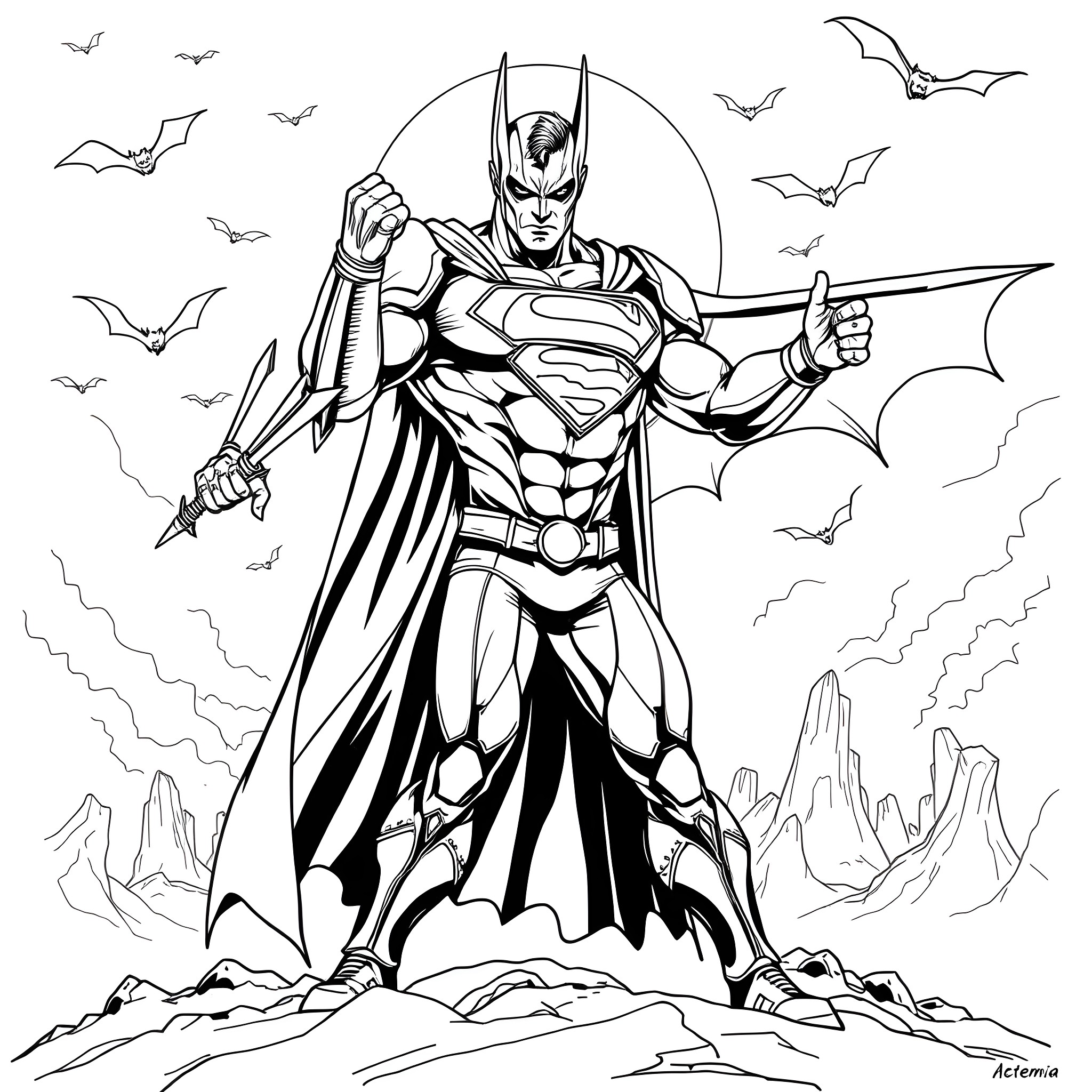 Superman heroically poses with lightning and bats in the sky Coloring Page (free black-and-white line drawing printable PDF for all, from beginners to advanced learners, including children, teens, adults, and seniors)