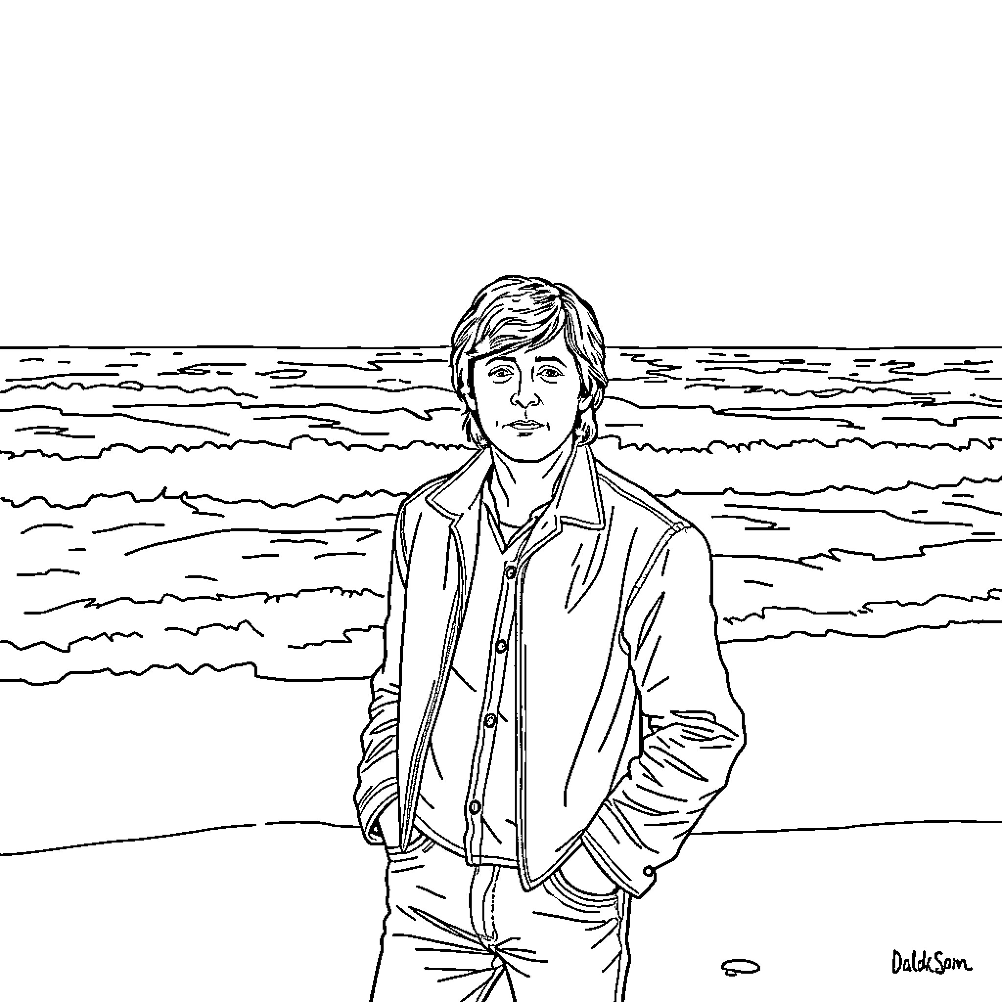 Paul McCartney standing calmly by the ocean Coloring Page (free black-and-white line drawing printable PDF for all, from beginners to advanced learners, including children, teens, adults, and seniors)