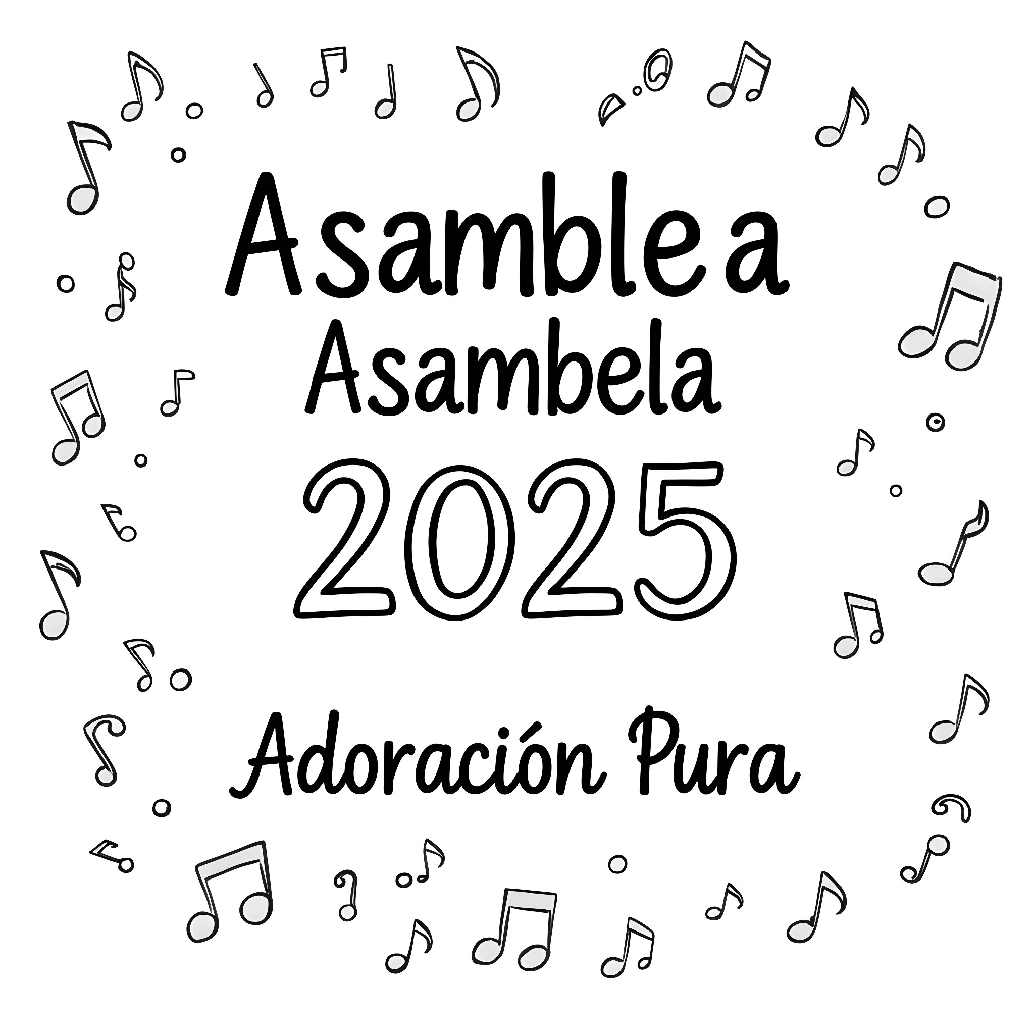 Text with musical notes and 2025 Asamblea Asambela Adoracion Pura Coloring Page (free black-and-white line drawing printable PDF for all, from beginners to advanced learners, including children, teens, adults, and seniors)