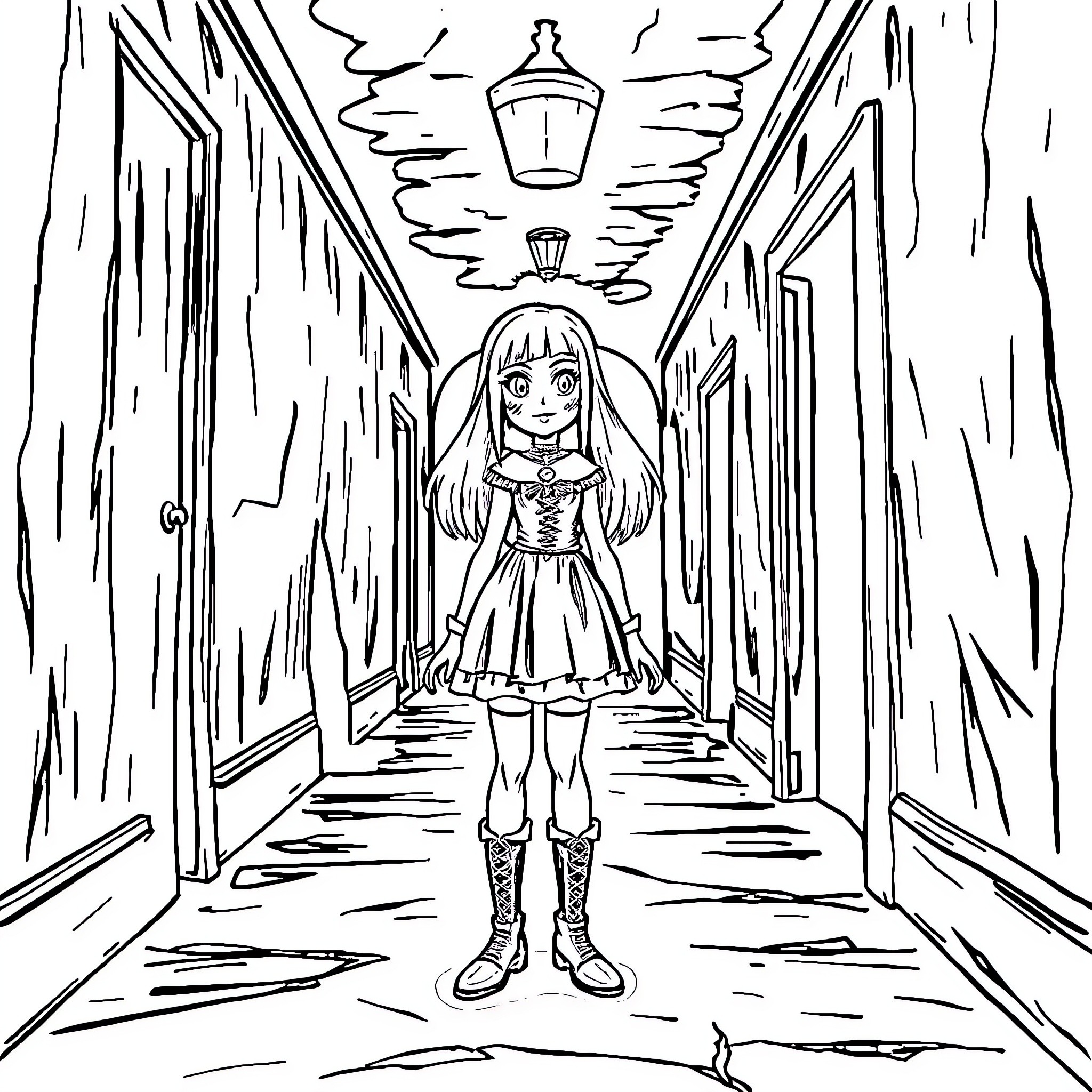 Cordellia's Adventure in the Mysterious Hallway Coloring Page (free black-and-white line drawing printable PDF for all, from beginners to advanced learners, including children, teens, adults, and seniors)