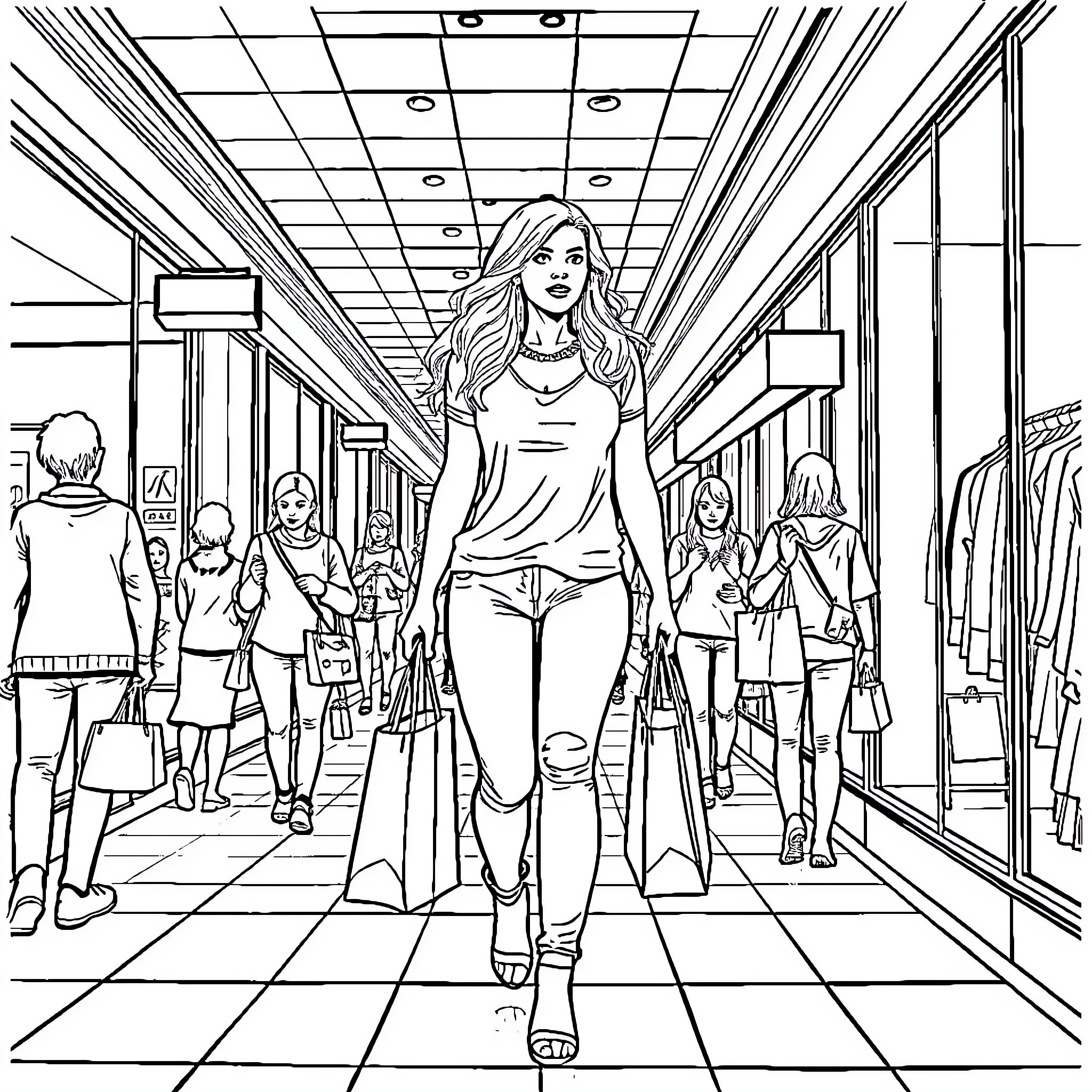 Pamela Anderson walking through a shopping mall Coloring Page (free black-and-white line drawing printable PDF for all, from beginners to advanced learners, including children, teens, adults, and seniors)