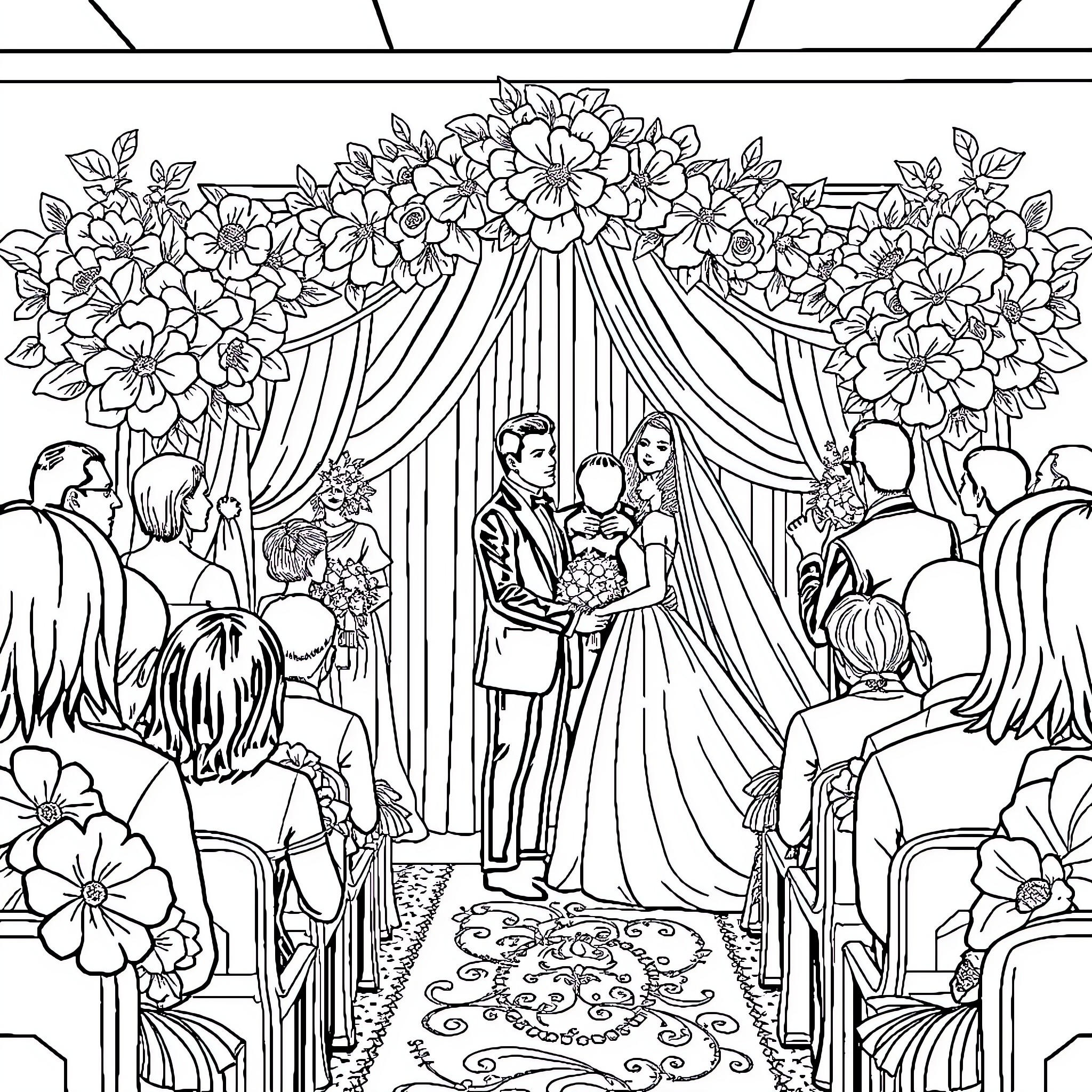 Wedding ceremony under floral arch with guests Coloring Page (free black-and-white line drawing printable PDF for all, from beginners to advanced learners, including children, teens, adults, and seniors)