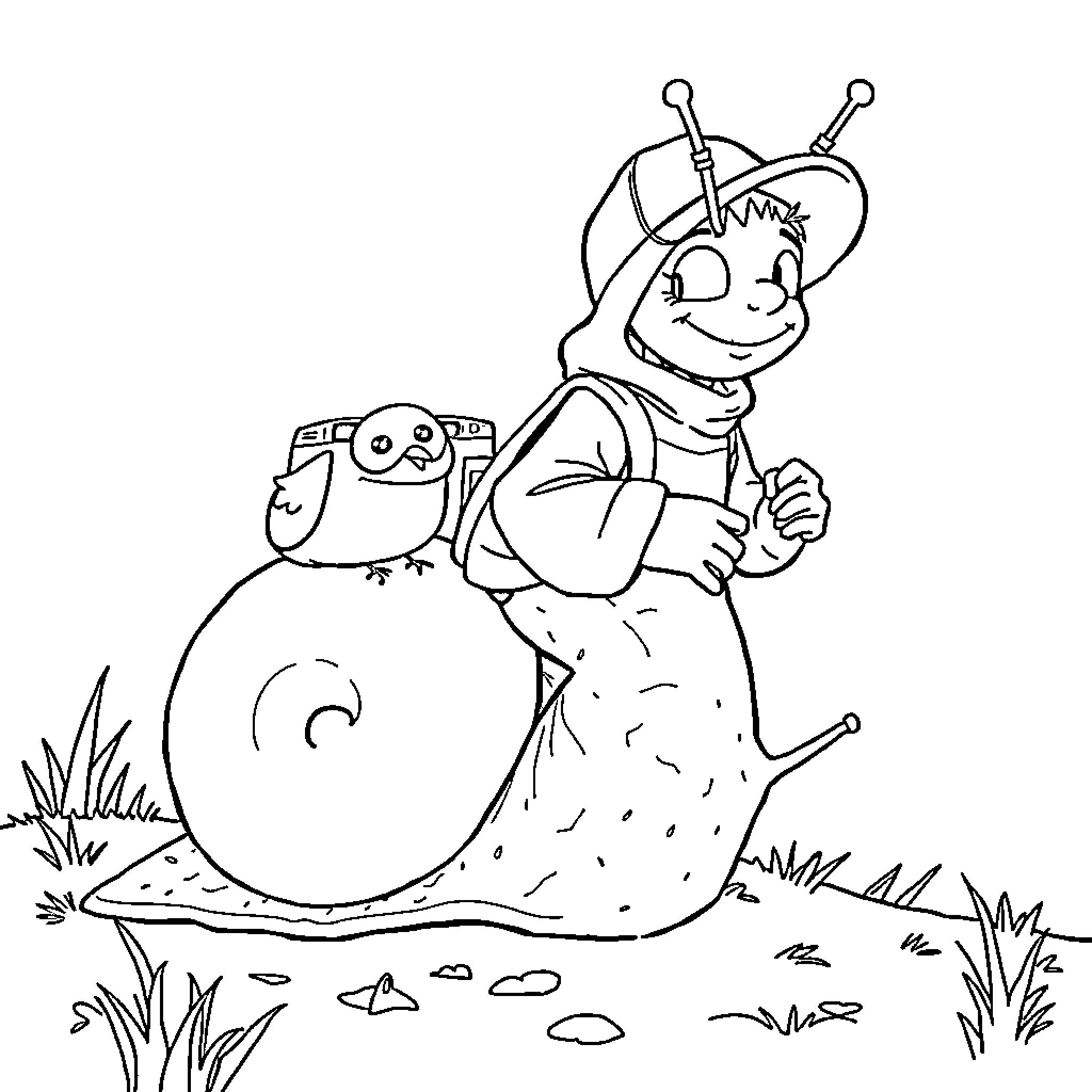 Creeper alien riding a snail in the garden Coloring Page (free black-and-white line drawing printable PDF for all, from beginners to advanced learners, including children, teens, adults, and seniors)