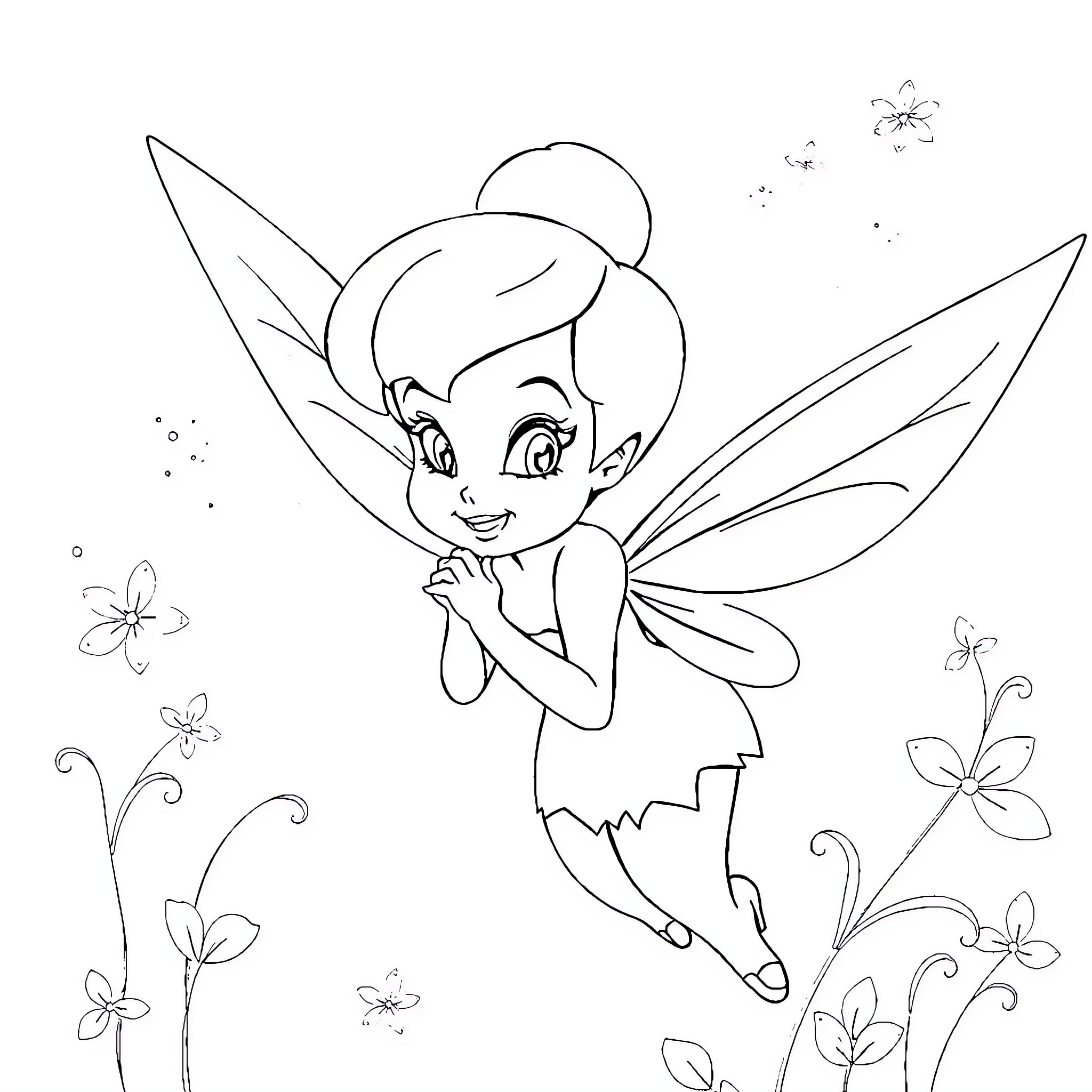 Tinkerbell's Playful Dance with Flowers Coloring Page (free black-and-white line drawing printable PDF for all, from beginners to advanced learners, including children, teens, adults, and seniors)