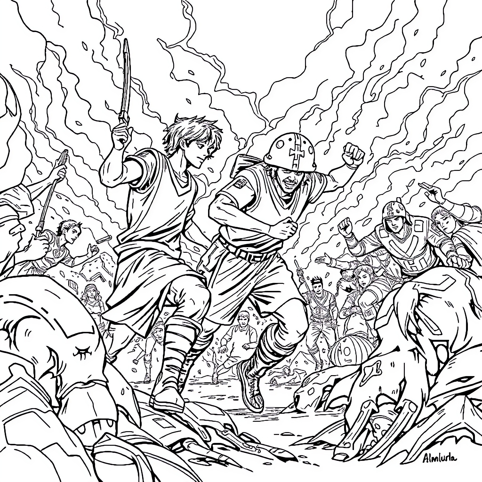 Round 6: Intense Battle of Heroic Warriors Coloring Page (free black-and-white line drawing printable PDF for all, from beginners to advanced learners, including children, teens, adults, and seniors)