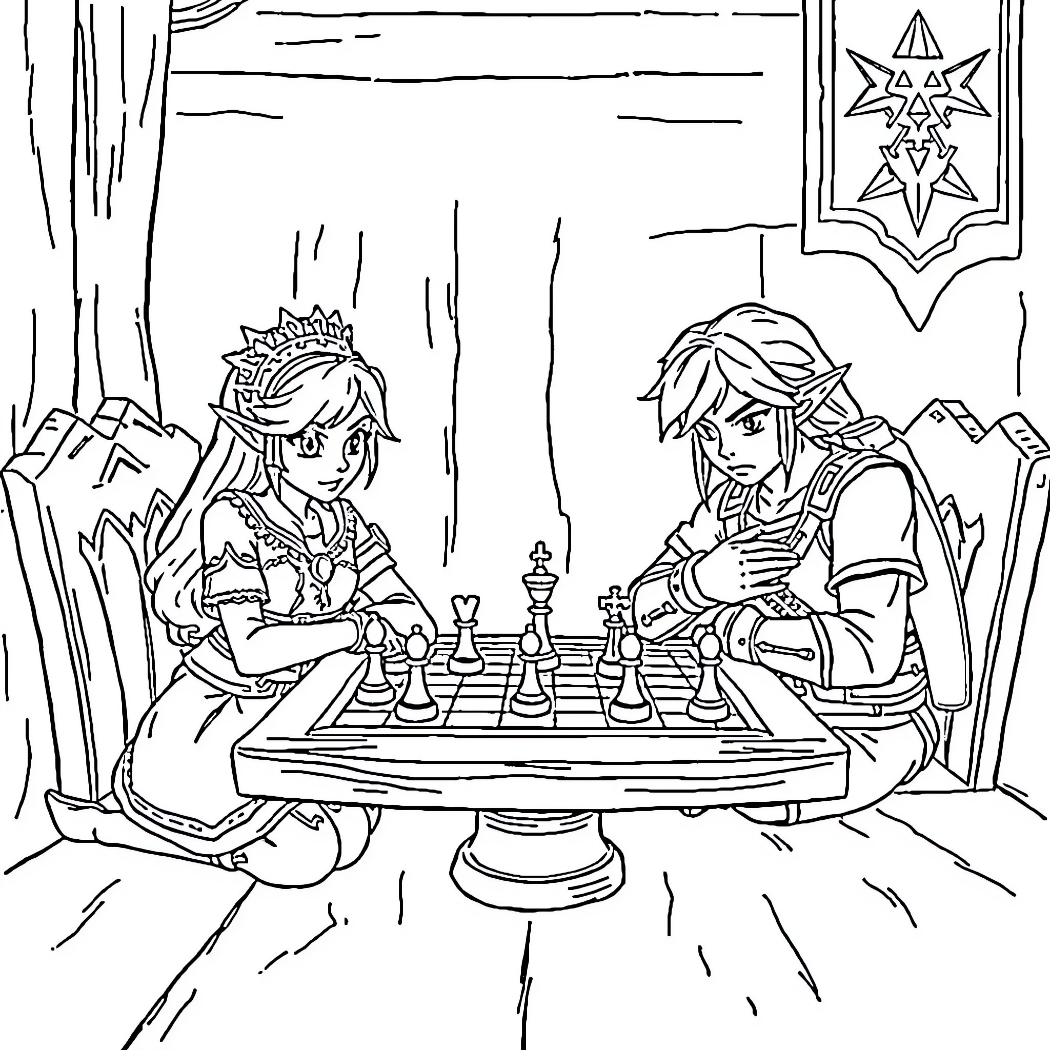 Zelda characters playing chess in fantasy setting Coloring Page (free black-and-white line drawing printable PDF for all, from beginners to advanced learners, including children, teens, adults, and seniors)