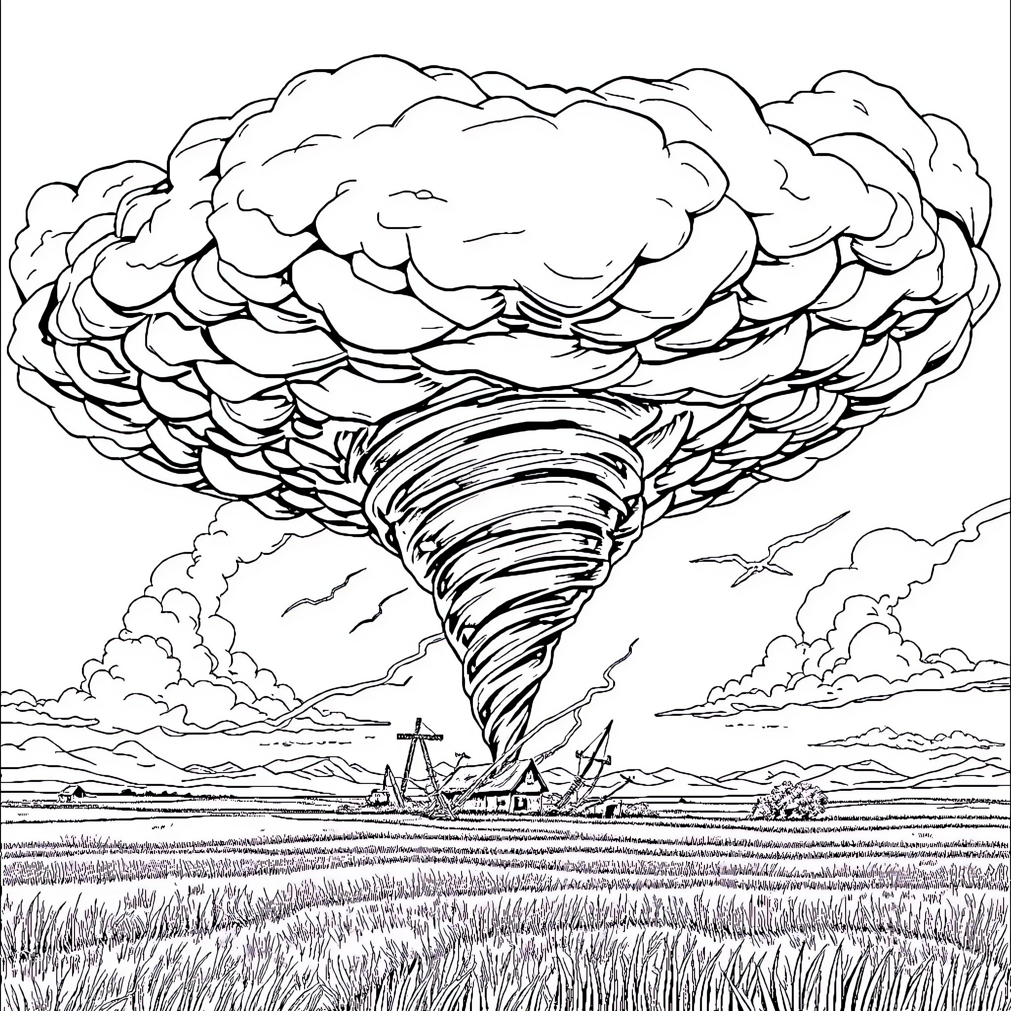 Supercell tornado swirling over rural landscape Coloring Page (free black-and-white line drawing printable PDF for all, from beginners to advanced learners, including children, teens, adults, and seniors)