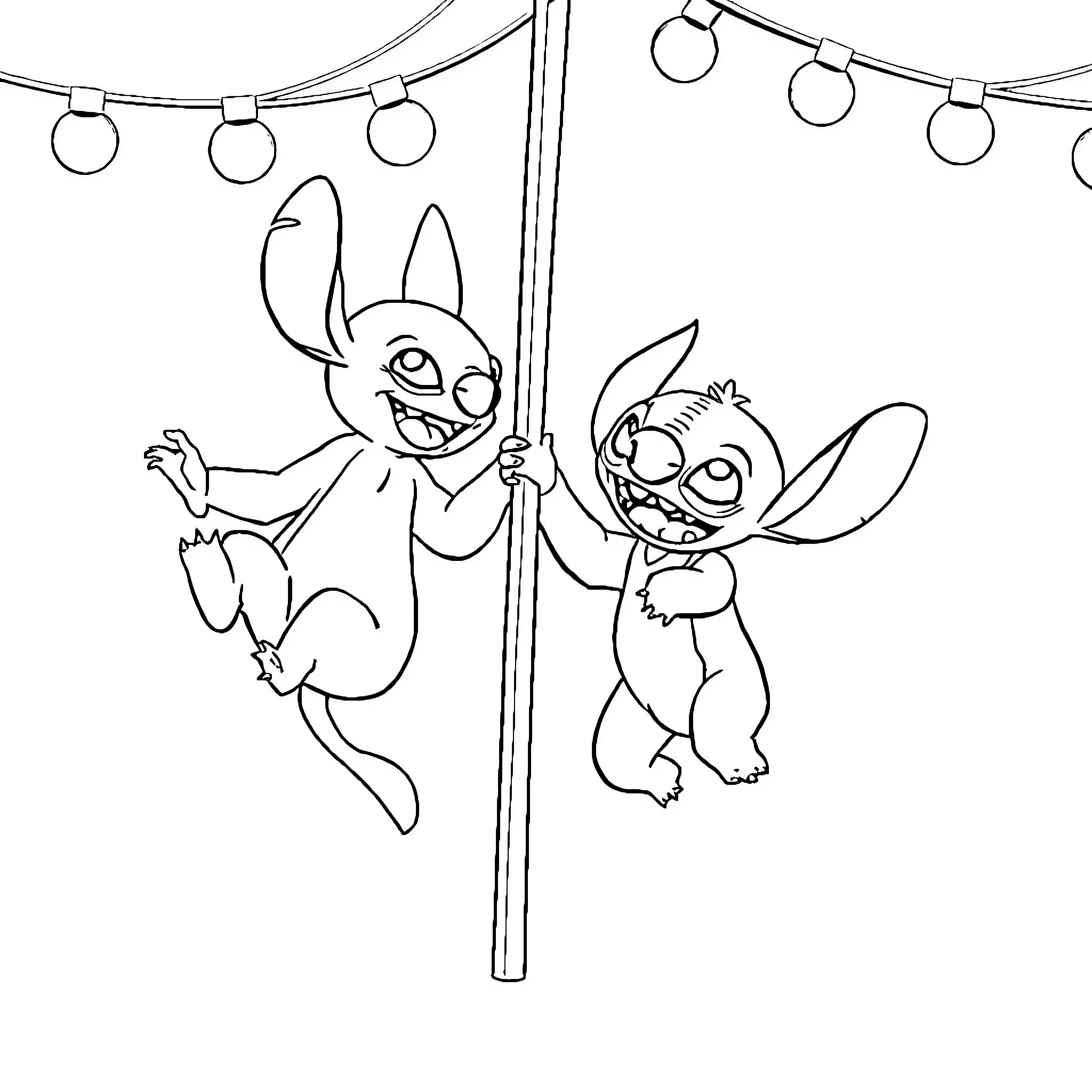 Labubu enjoying a playful swing under the lights Coloring Page (free black-and-white line drawing printable PDF for all, from beginners to advanced learners, including children, teens, adults, and seniors)