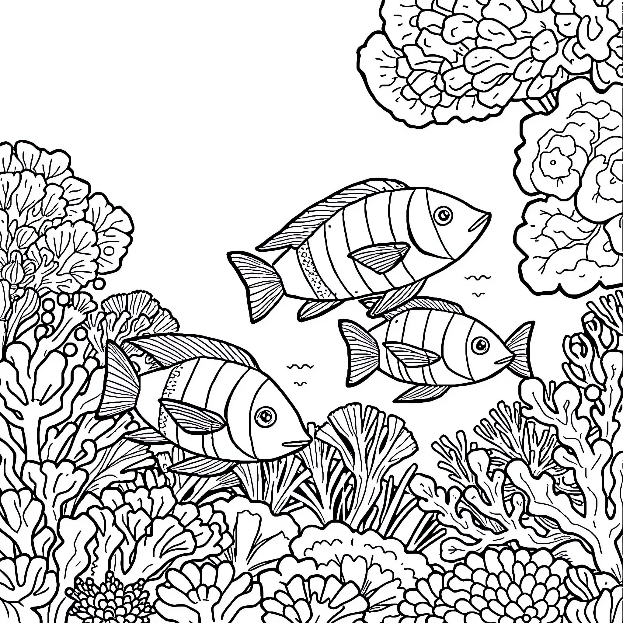 Fish swimming among vibrant coral reef Coloring Page (free black-and-white line drawing printable PDF for all, from beginners to advanced learners, including children, teens, adults, and seniors)