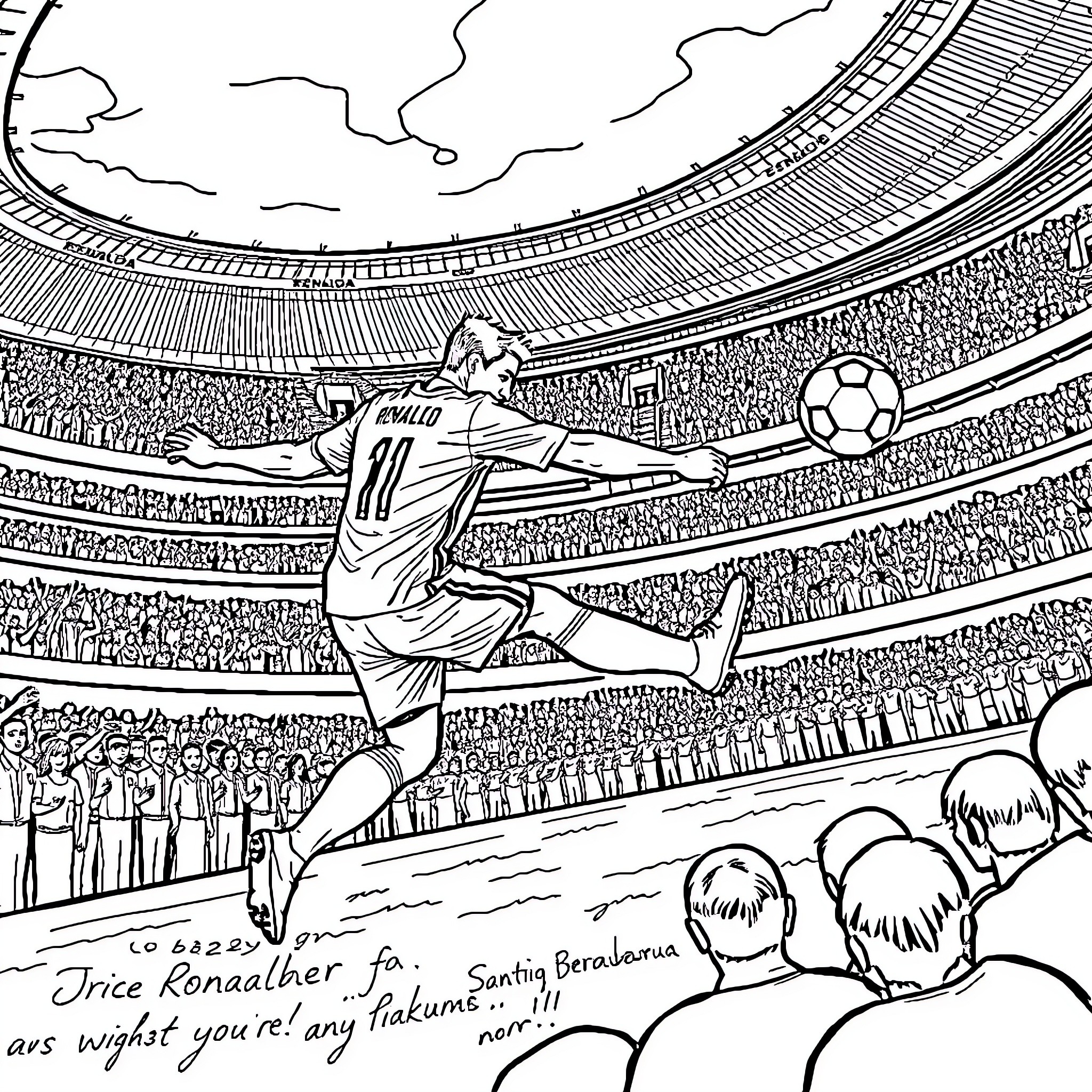 Cristiano Ronaldo scoring a goal in a football stadium Coloring Page (free black-and-white line drawing printable PDF for all, from beginners to advanced learners, including children, teens, adults, and seniors)