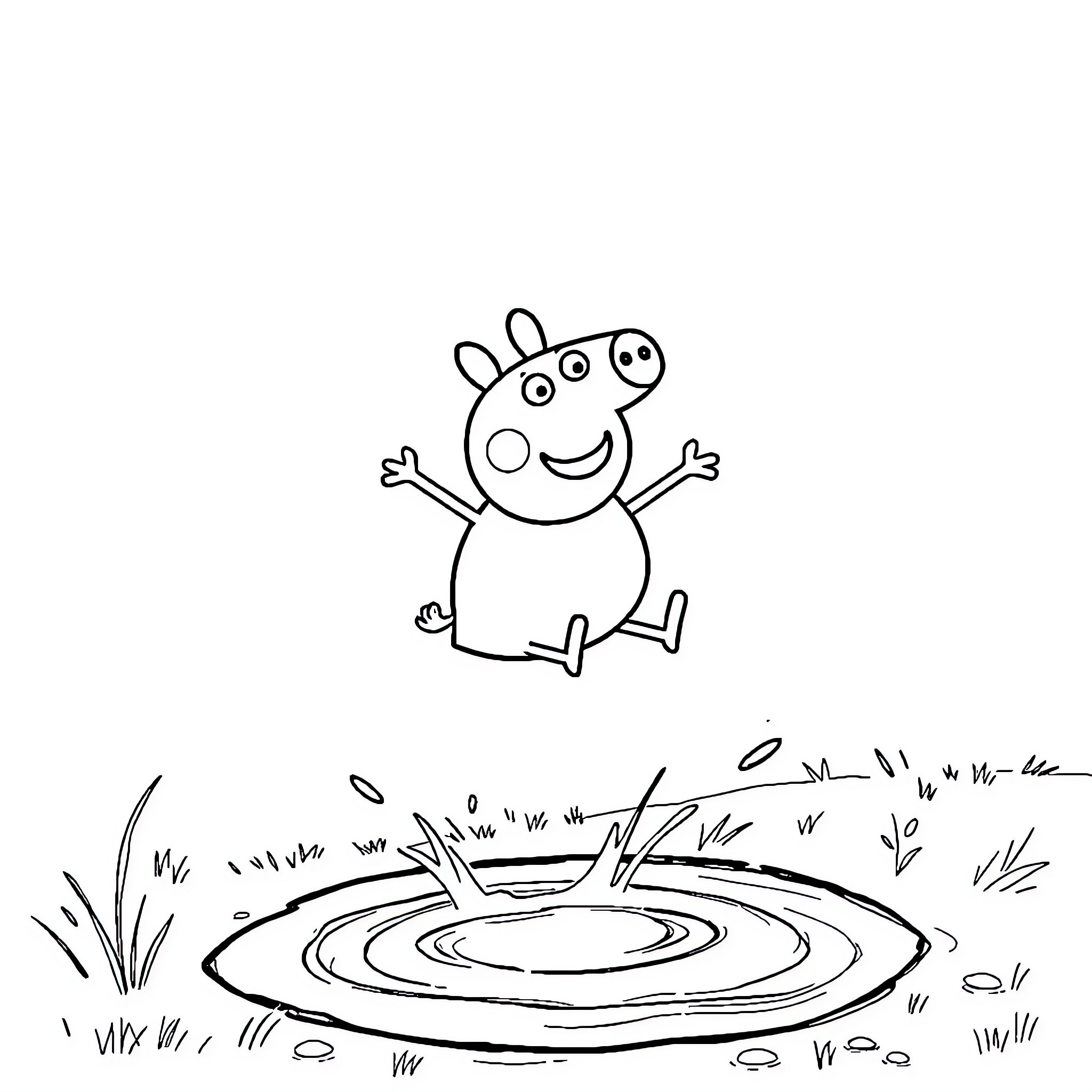 Peppa Pig joyfully jumping in a puddle Coloring Page (free black-and-white line drawing printable PDF for all, from beginners to advanced learners, including children, teens, adults, and seniors)