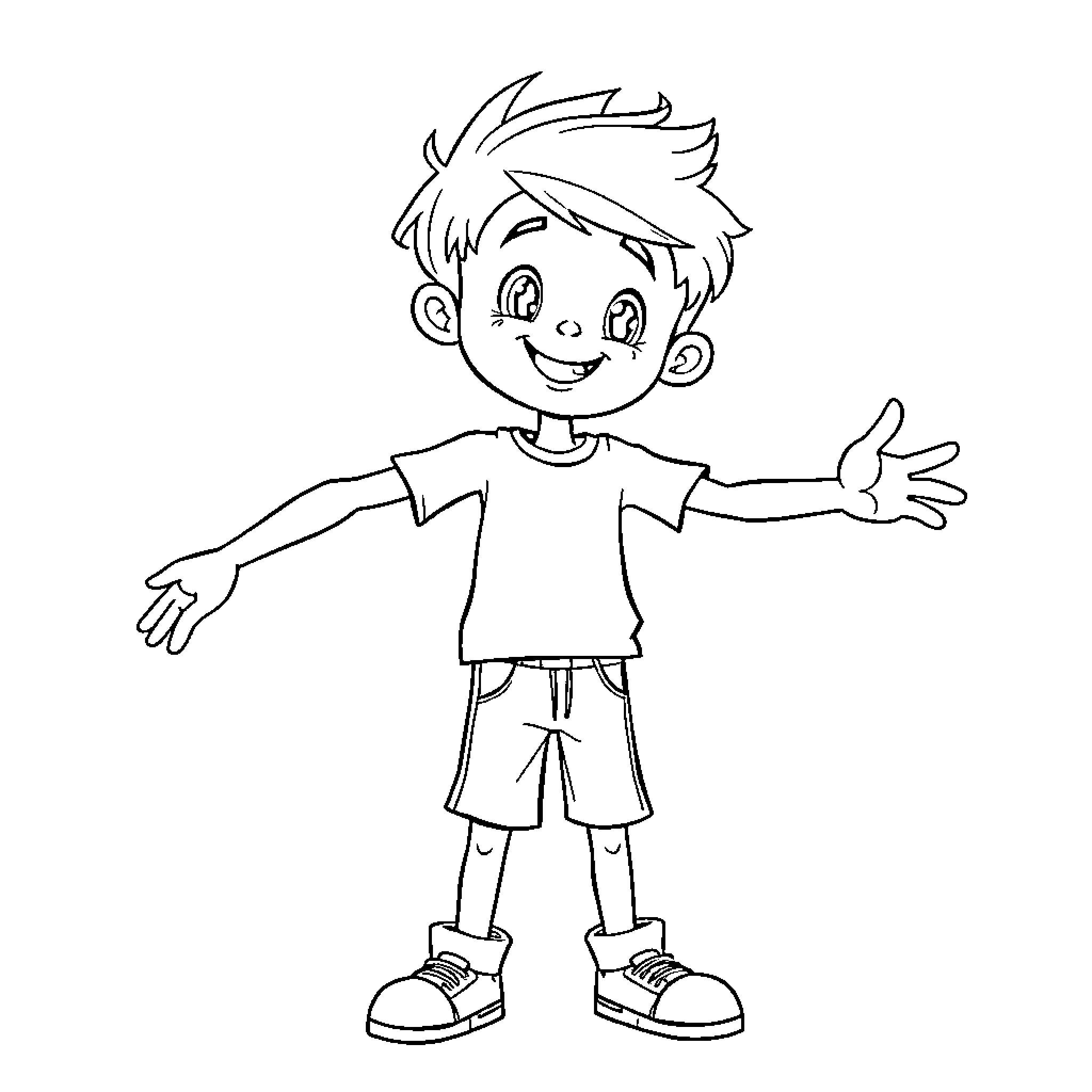 Boy expressing joy and openness Coloring Page (free black-and-white line drawing printable PDF for all, from beginners to advanced learners, including children, teens, adults, and seniors)