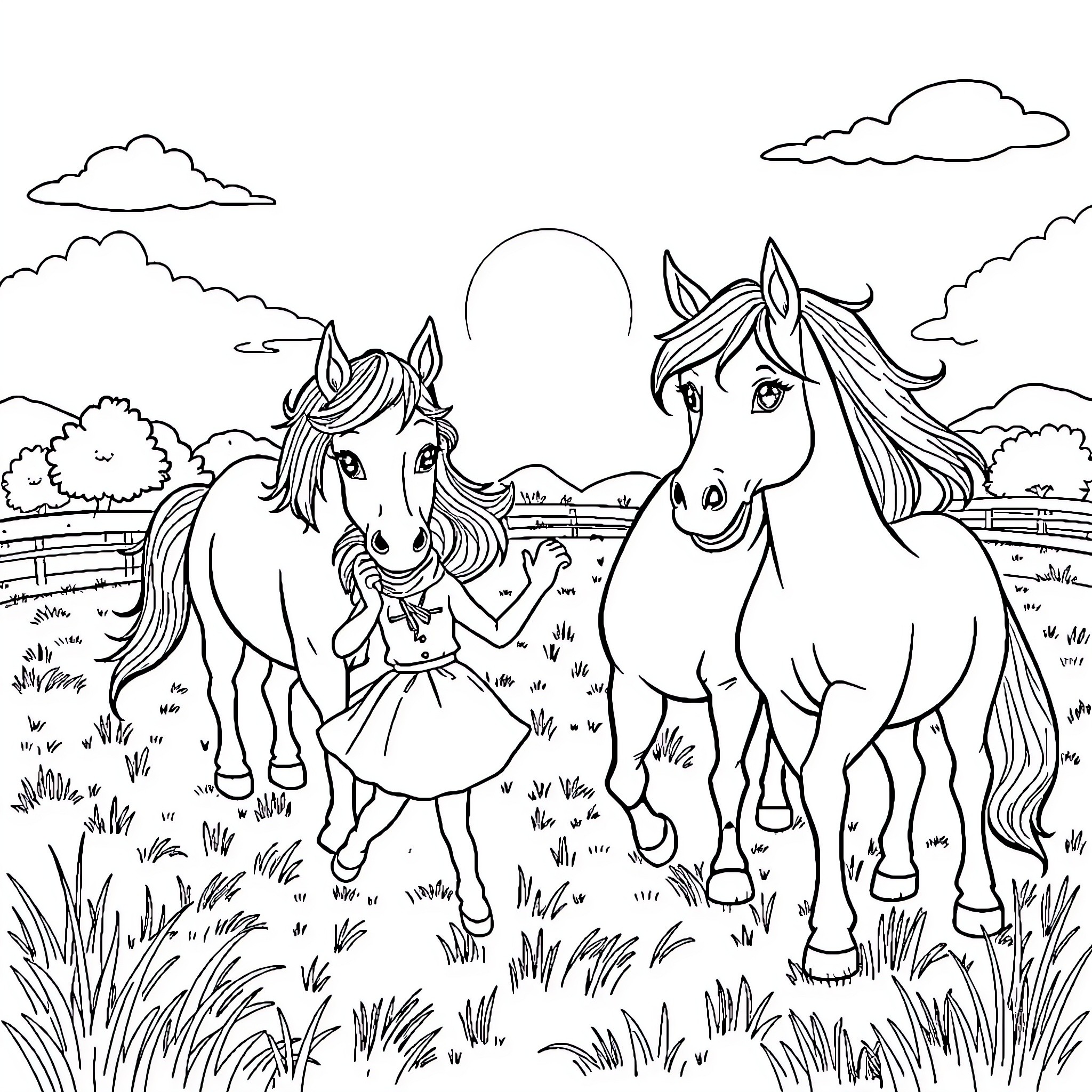 Girlband horseback riding in scenic countryside Coloring Page (free black-and-white line drawing printable PDF for all, from beginners to advanced learners, including children, teens, adults, and seniors)