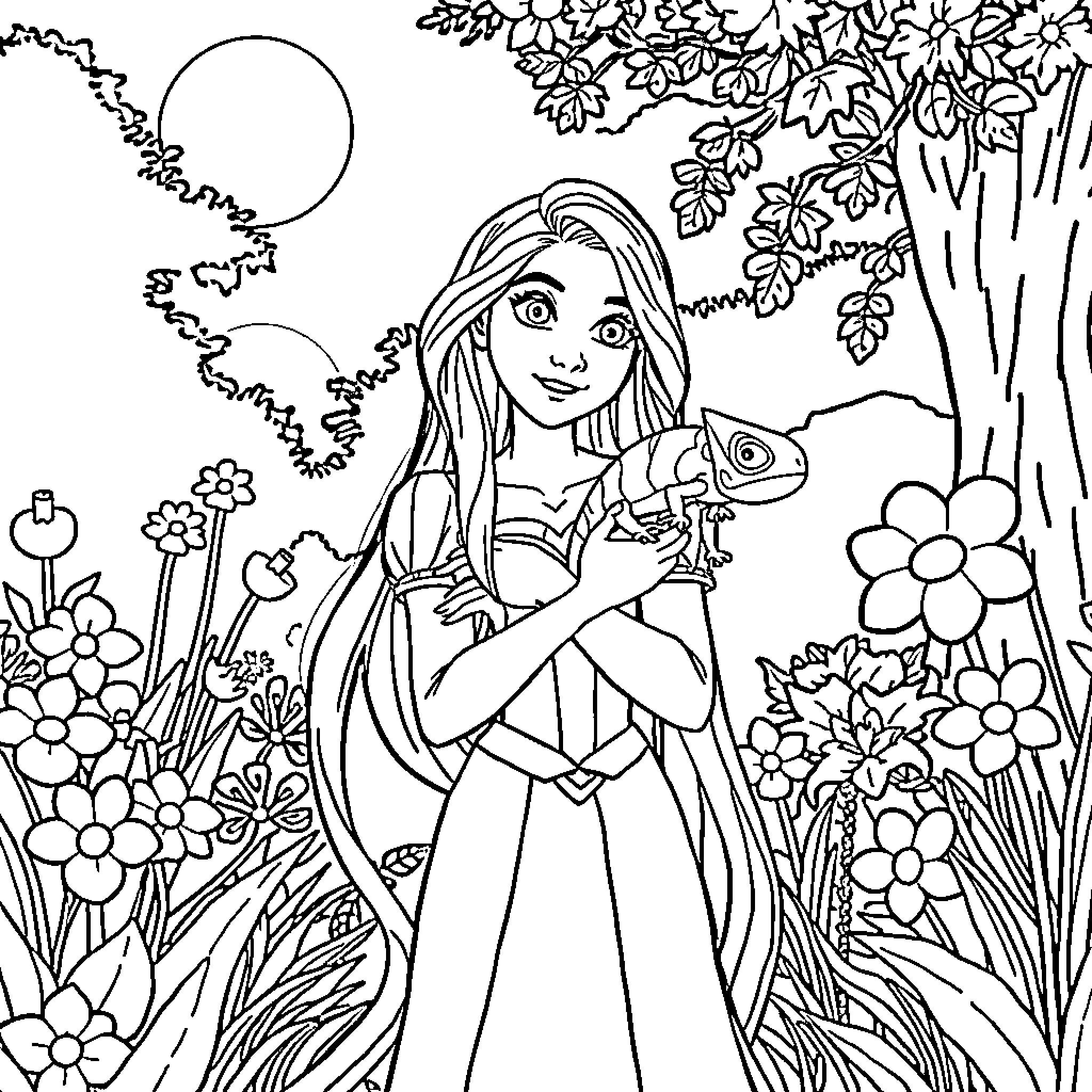 Rapunzel exploring the enchanted forest with her animal friend Coloring Page (free black-and-white line drawing printable PDF for all, from beginners to advanced learners, including children, teens, adults, and seniors)