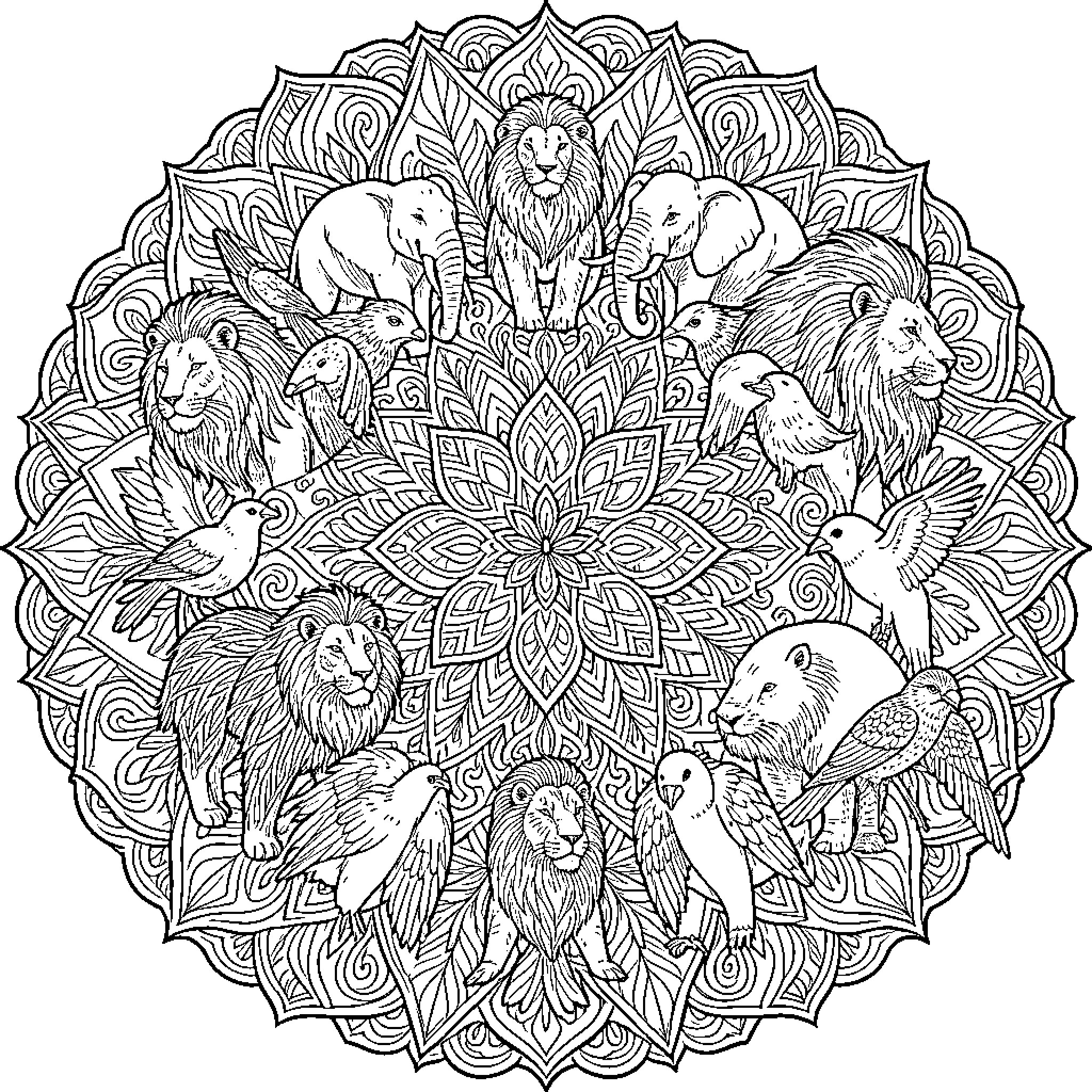 Mandala of majestic wild animals Coloring Page (free black-and-white line drawing printable PDF for all, from beginners to advanced learners, including children, teens, adults, and seniors)
