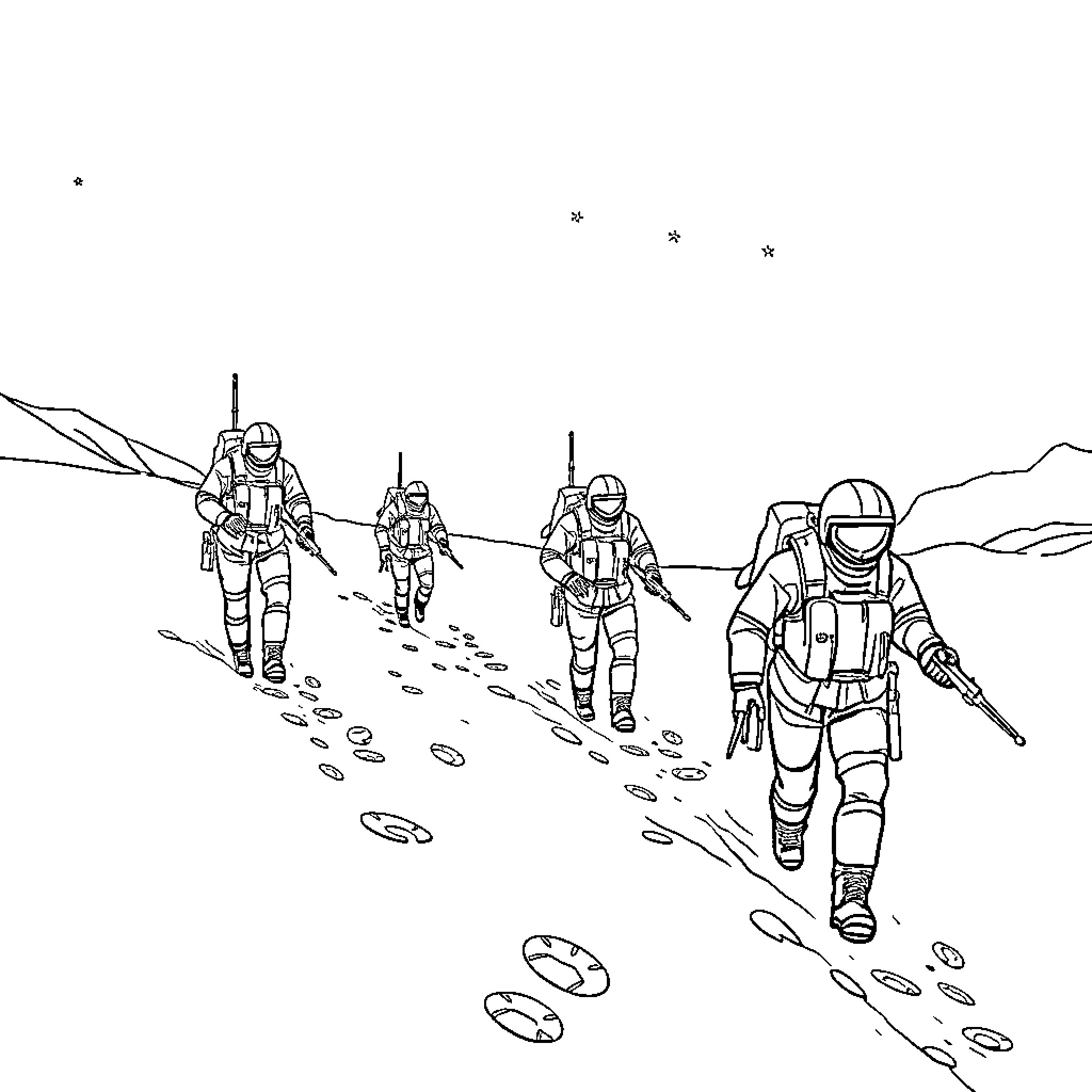 Helldiver astronauts exploring unknown terrain Coloring Page (free black-and-white line drawing printable PDF for all, from beginners to advanced learners, including children, teens, adults, and seniors)